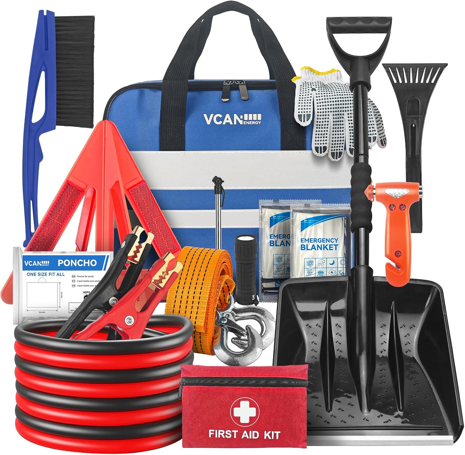 VCANENERGY Car Emergency Kit with Jumper Cable, First Aid Kit, Winter Travel Assistance with Detachable Snow Shovel, Safety Emergency Kit for Cars, Trucks