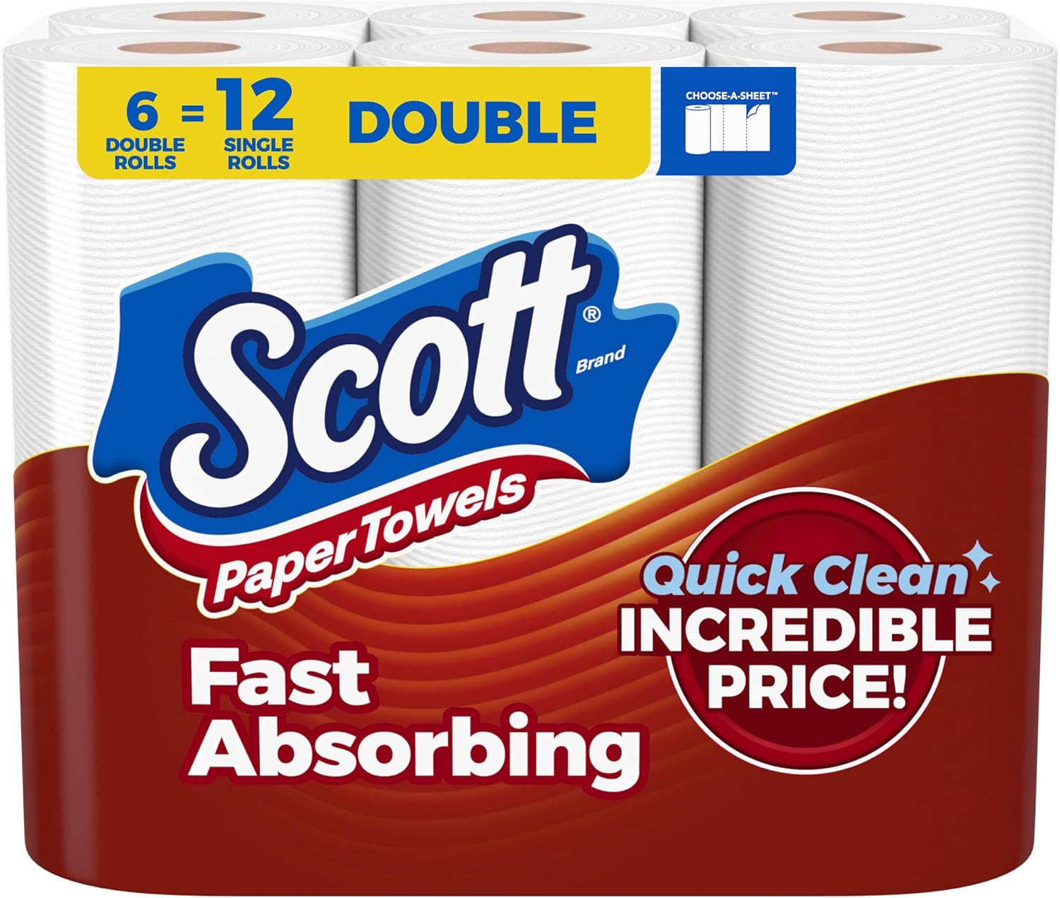 Scott Paper Towels, Choose-A-Sheet, 6 Double Rolls = 12 Regular Rolls (108 Sheets Per Roll)