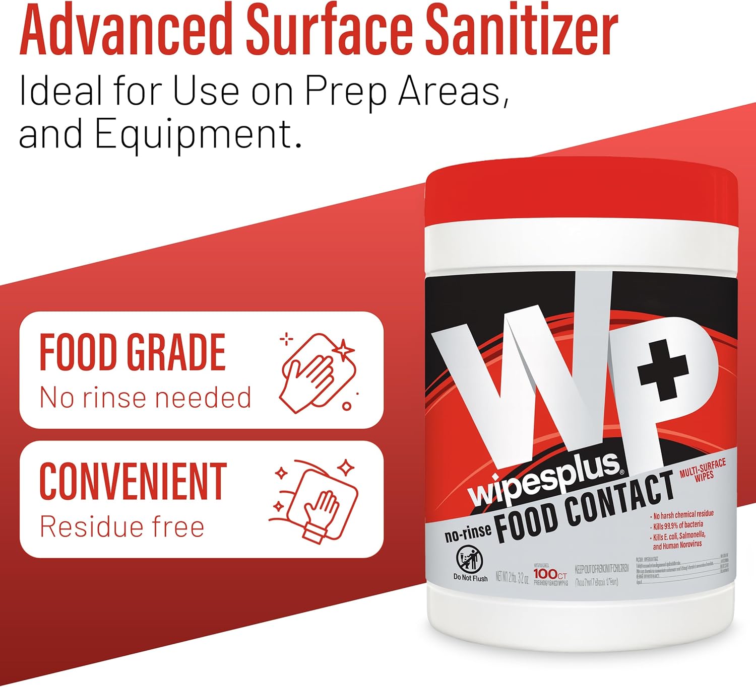 WIPESPLUS Cleaning Wipes All Purpose Food Contact - No Rinse, No Residue, Quick Dry Formula, Disinfecting Wipes For Restaurants, Foodservice, Schools - Canister, 100 Count - Image 3