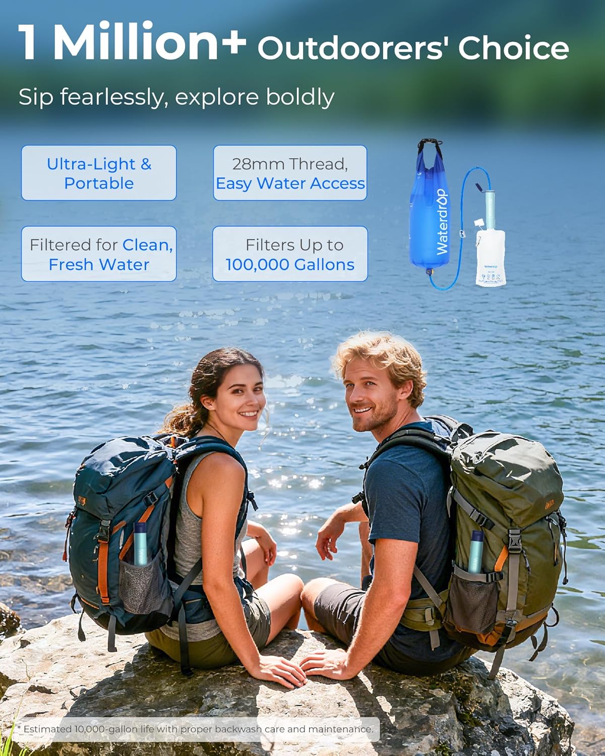 Waterdrop Gravity Water Filter Straw, Camping Water Filtration System, Water Purifier Survival for Travel, Backpacking and Emergency Preparedness, 1.5 gal Bag, 0.1 Micron, Light Blue - Image 2
