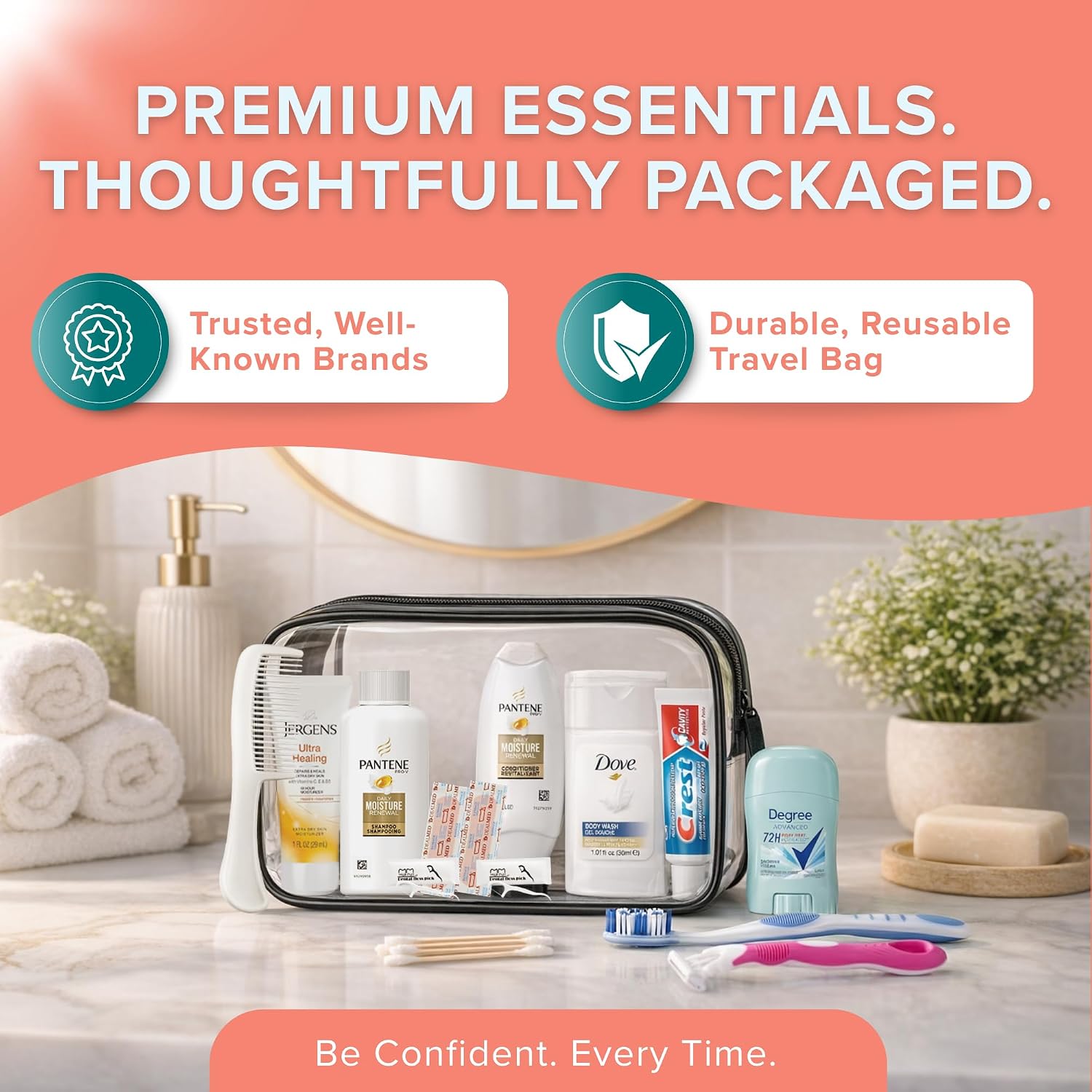 15 Piece Set Women’s Travel & Hygiene Kit with Clear Toiletry Bag, Personal Care Essentials, Single Kit or Bulk Case Packs, TSA Approved Toiletry Kit for Travel, Vacation, Everyday Essentials - Image 3