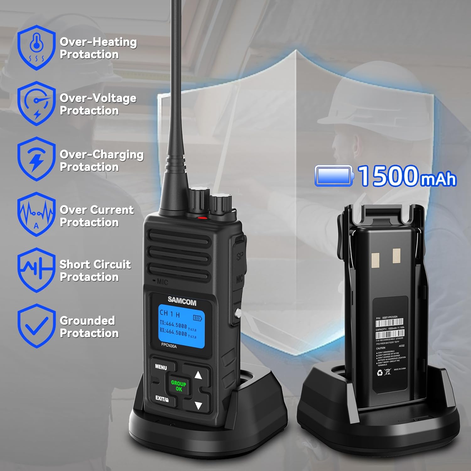 SAMCOM FPCN30A Two Way Radios Long Range 5 Watts Walkie Talkies for Adults Rechargeable 2 Way Radios UHF Handheld Business Group Call Radio 1500mAh Battery with Earpieces for Construction,6 Packs - Image 4