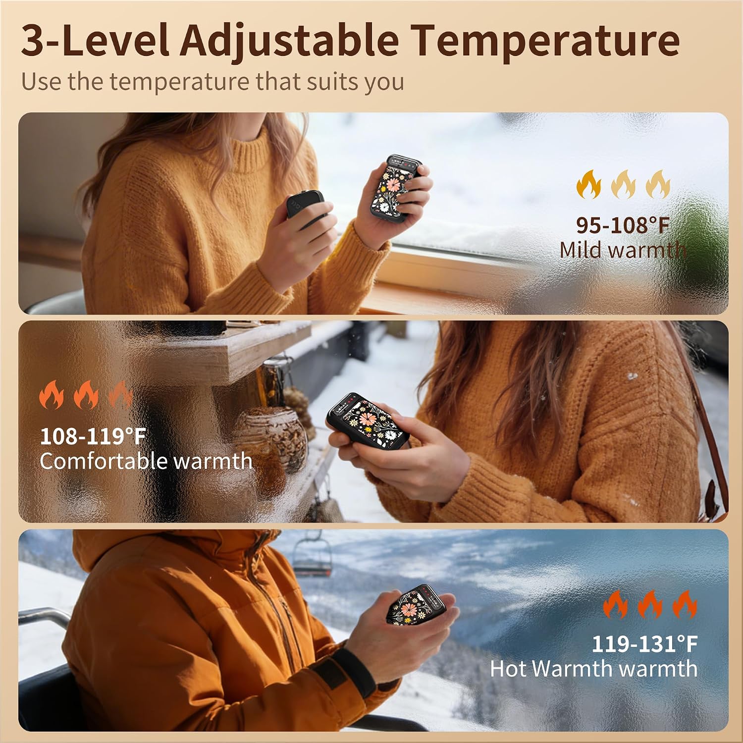 Lerat Hand Warmers Rechargeable, Electric Hand Warmers Reusable- Fast Heating Hand Warmer with 3 Heat Settings, Portable Hand Warmers Gifts for Women, Great for Hunting Camping Hiking - Image 3