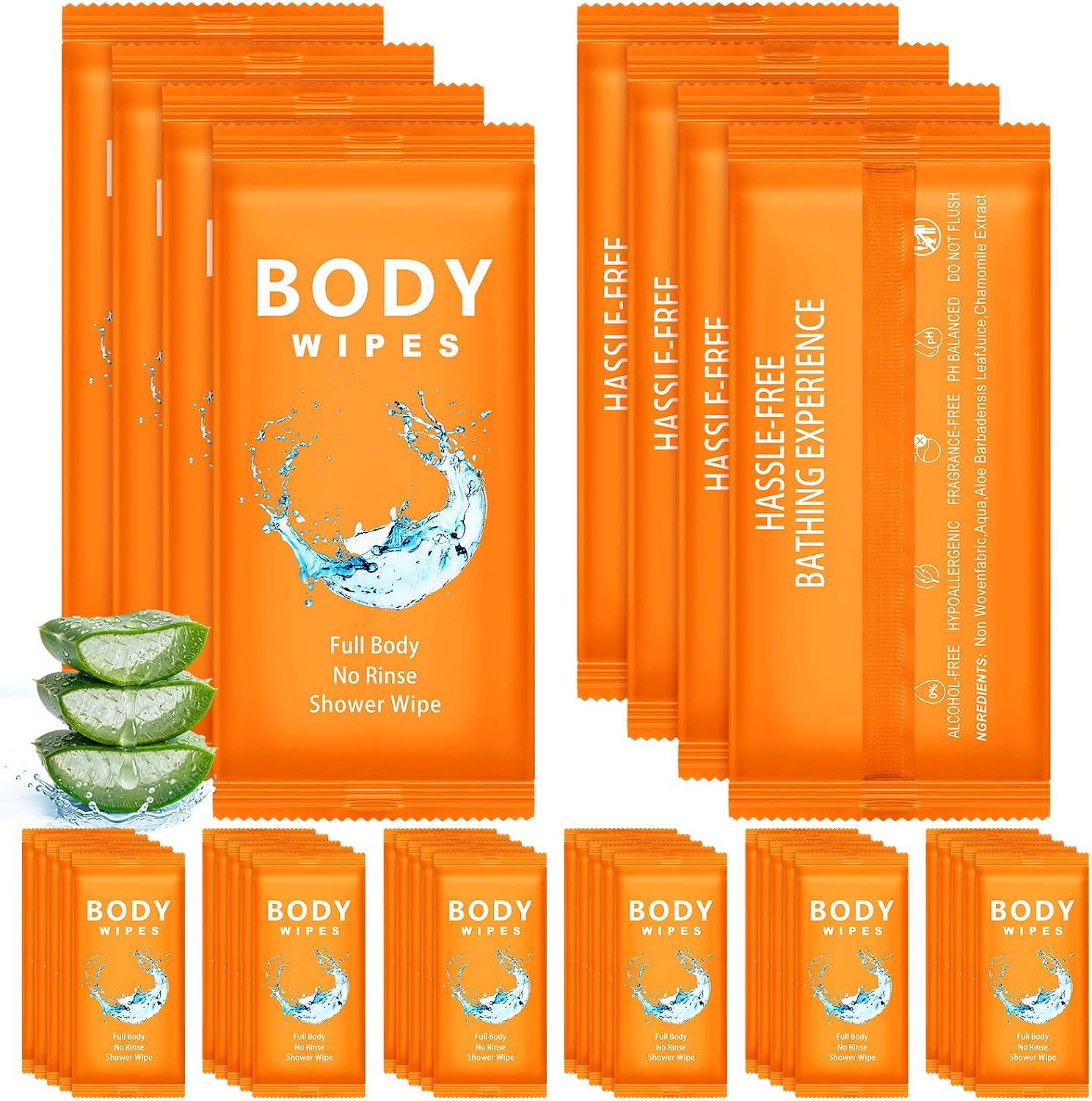 Treela 300 Pcs Large Body Wipes Bulk Deodorant Travel Size for Homeless Care Package Supplies Individually Wrapped Adults Bathing No Rinse Wet Wipes Men Women Hygiene Items(7.09" X 9.84",Orange)