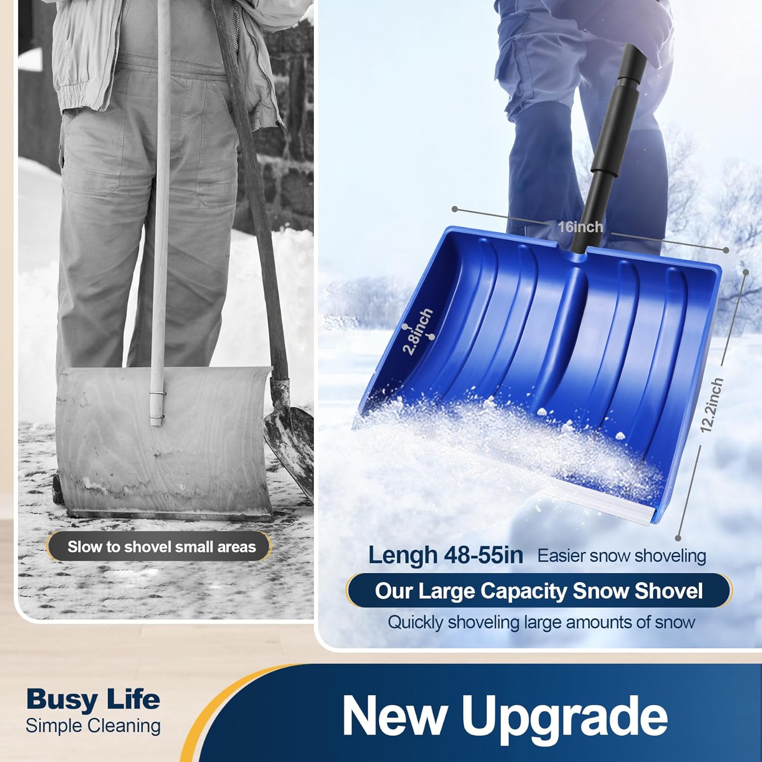 Yocada Snow Shovel for Driveway Home Garage Snow Removal 55 inch Long with D-Grip Handle Aluminum Strip Large Capacity Shovel for Garden Car Camping Outdoor - Image 4