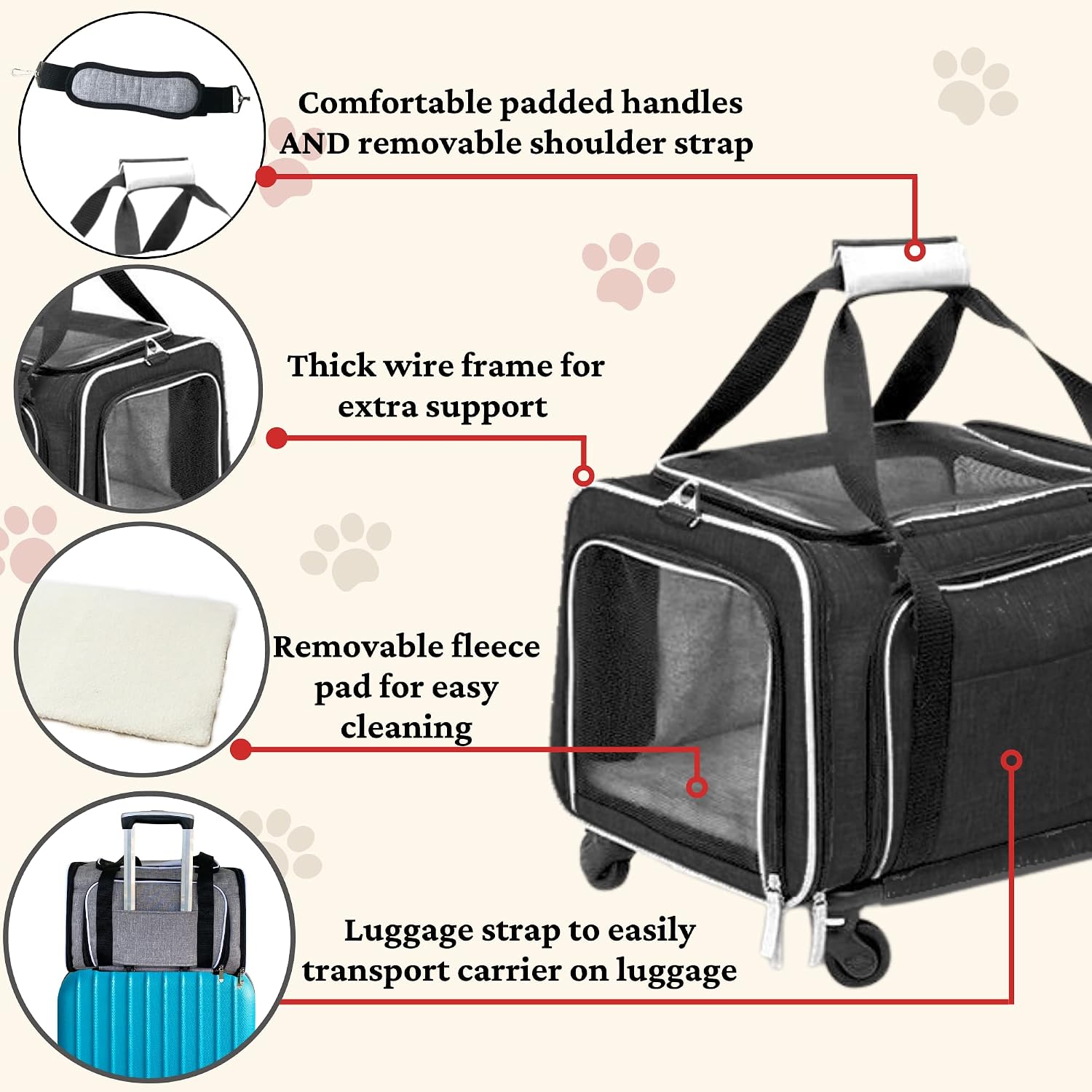 RUFF LIFE 101 Airline Approved Expandable Premium Pet Carrier on Wheels- Two Sided Rolling Carrier- Designed for Dogs & Cats- Extra Spacious Soft Lined Carrier! (Black) (RL-PET-CARRIER-WHEELS) - Image 2