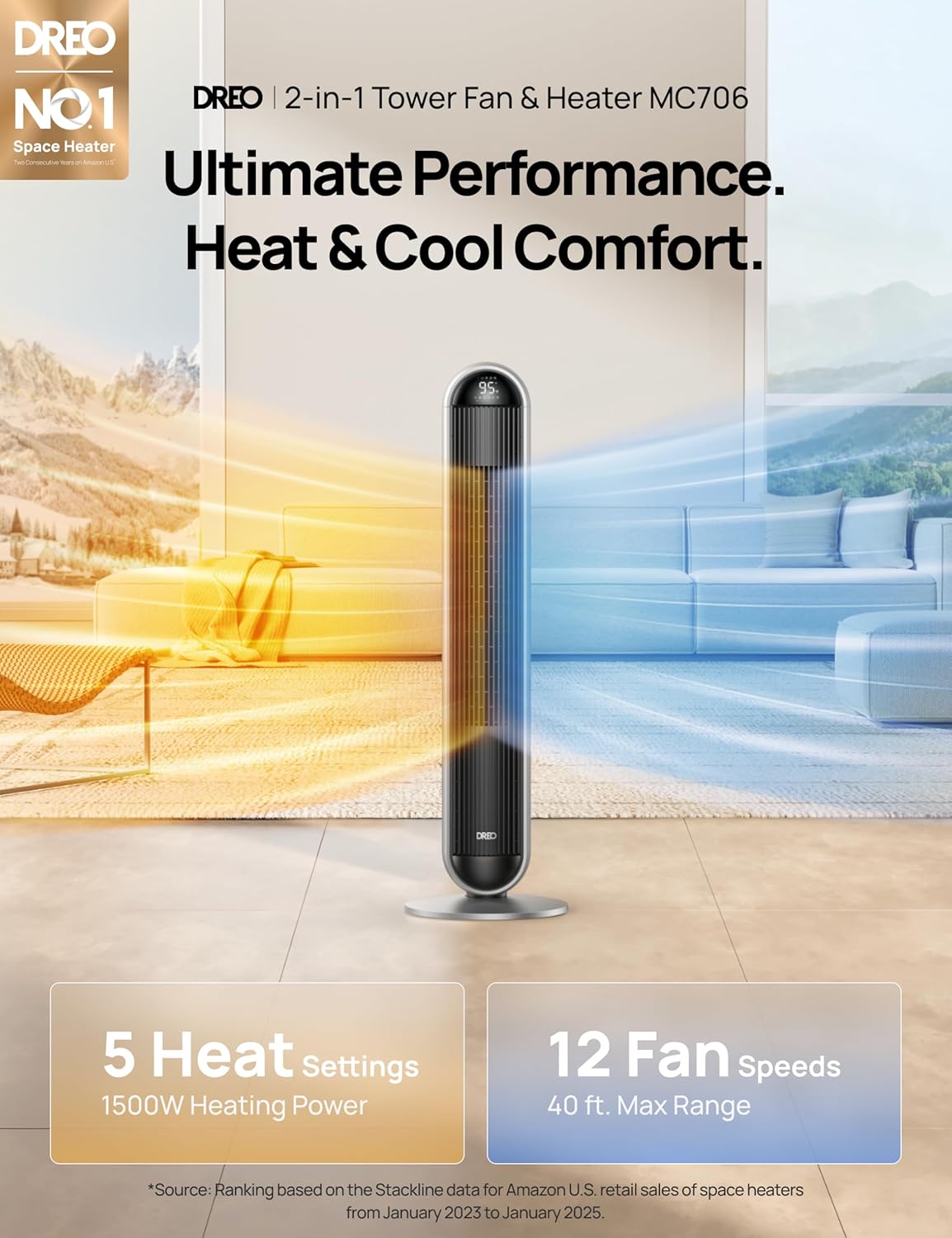 DREO Tower Fan and Heater Combo, 29.2ft/s Standing Fans for Bedroom, 17 Levels, 6 Modes, 120° Oscillation, 42 Inch, 12H Timer, 25dB Quiet, with Remote, for Office, Large Room, Silver - Image 2