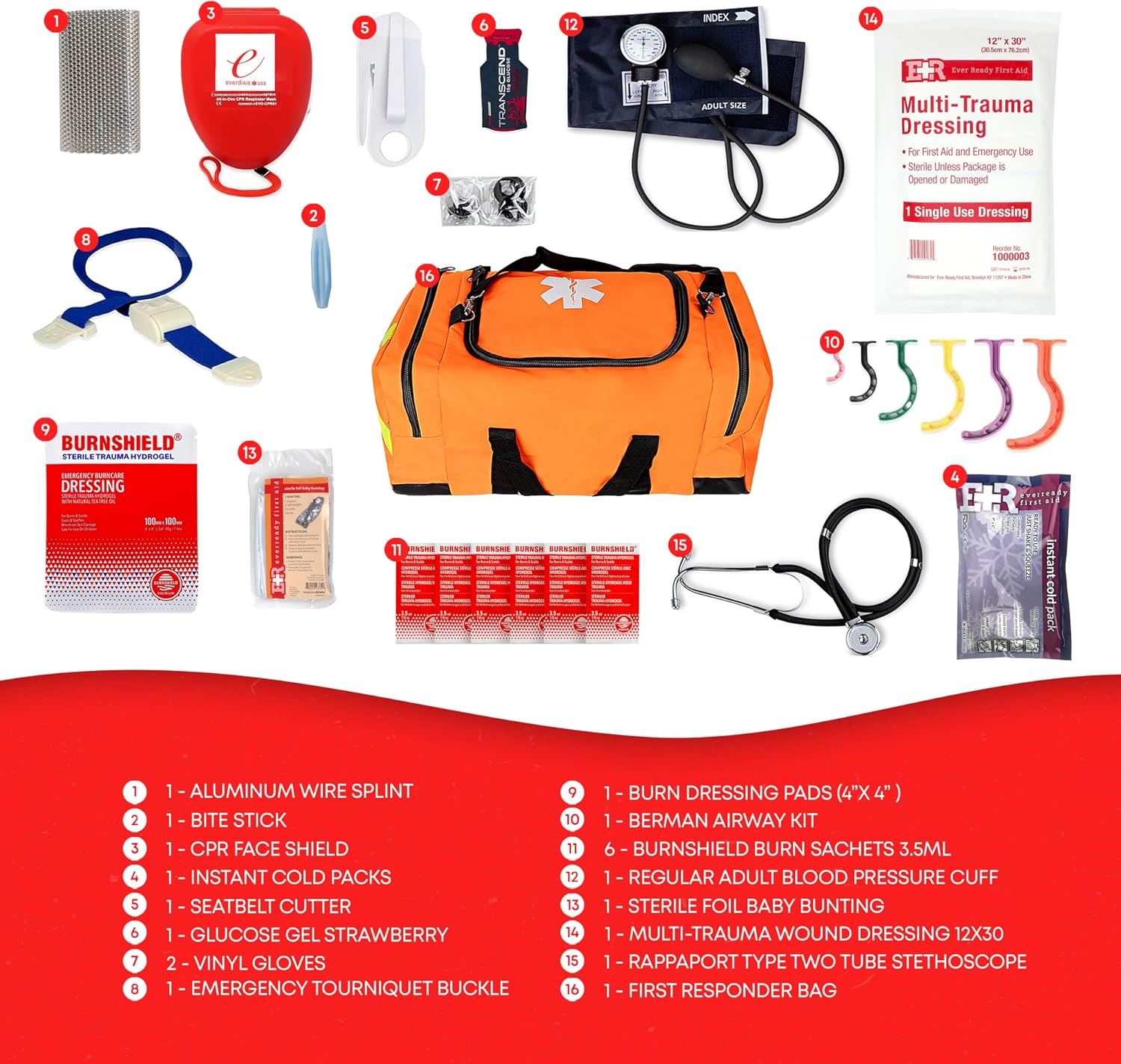 First Responder Trauma First Aid Kit Bag – Fully Stocked Emergency Medical Kit for Workplace, Vehicle & Home – OSHA & ANSI Compliant – Portable – Orange - Image 3
