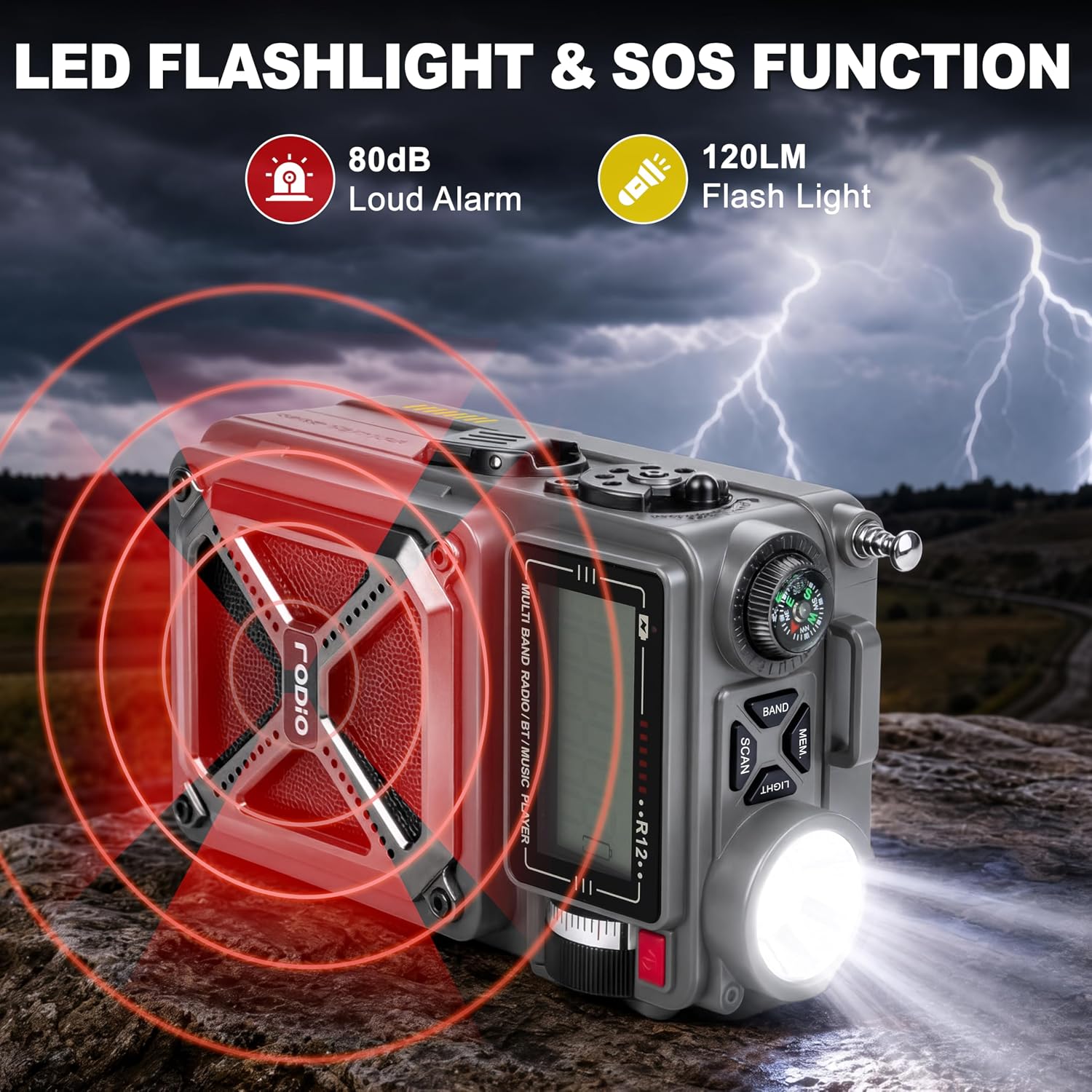 Solar Hand Crank Emergency Radio with NOAA Weather Alert, AM FM Shortwave | Digital Tuning,Bluetooth Speaker,TF Playback,Flashlight,Compass,SOS,4000mAh,Thermal Blanket,USB-C Charging,for Emergencies - Image 6