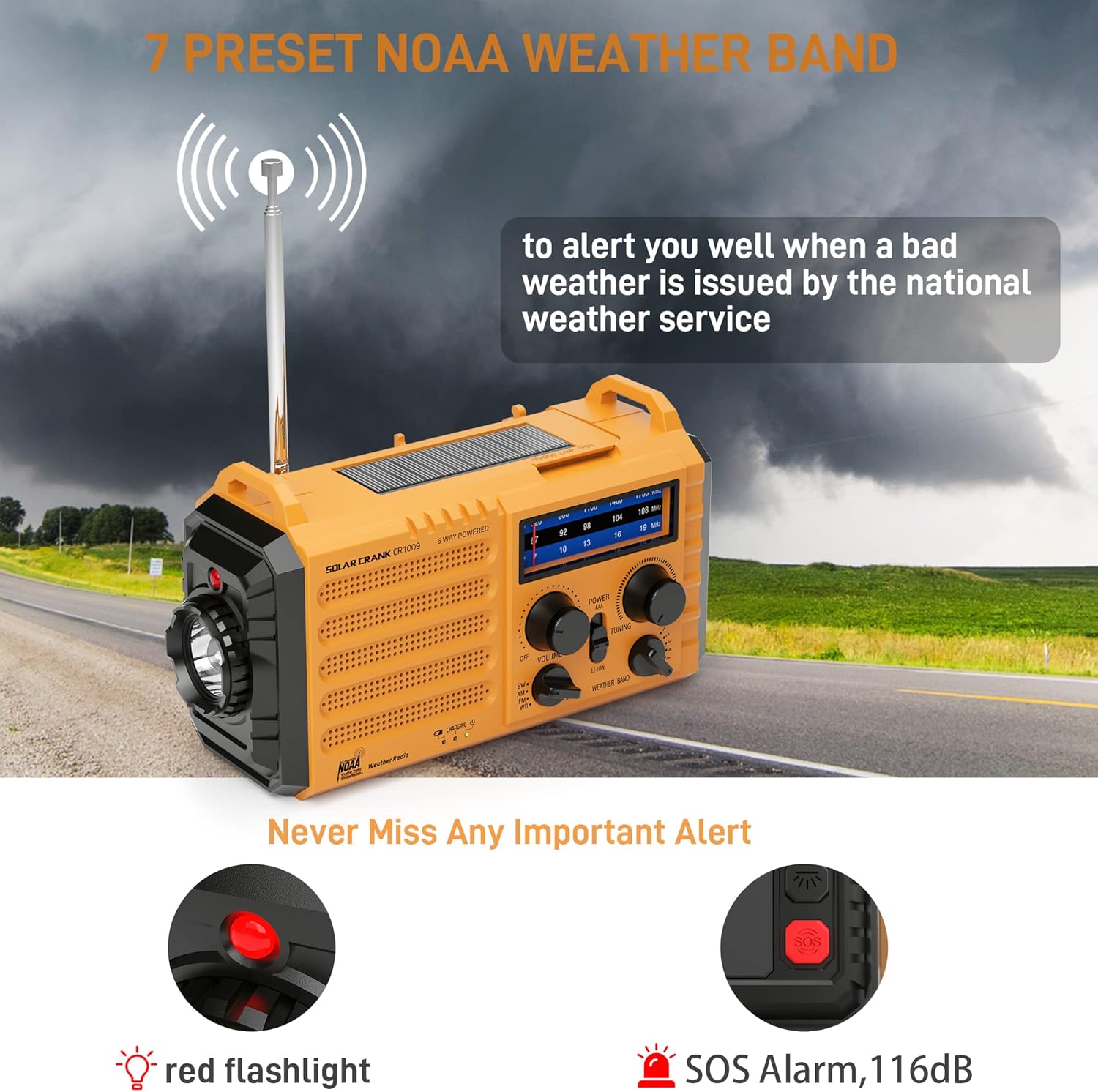 Eoxsmile Emergency Radio with NOAA Weather Alert, 5000mAh Solar Hand Crank Portable AM/FM Shortwave Radio, Rechargeable Battery Powered, USB Charger, Flashlight, SOS Alarm for Home Outdoor Survival - Image 2