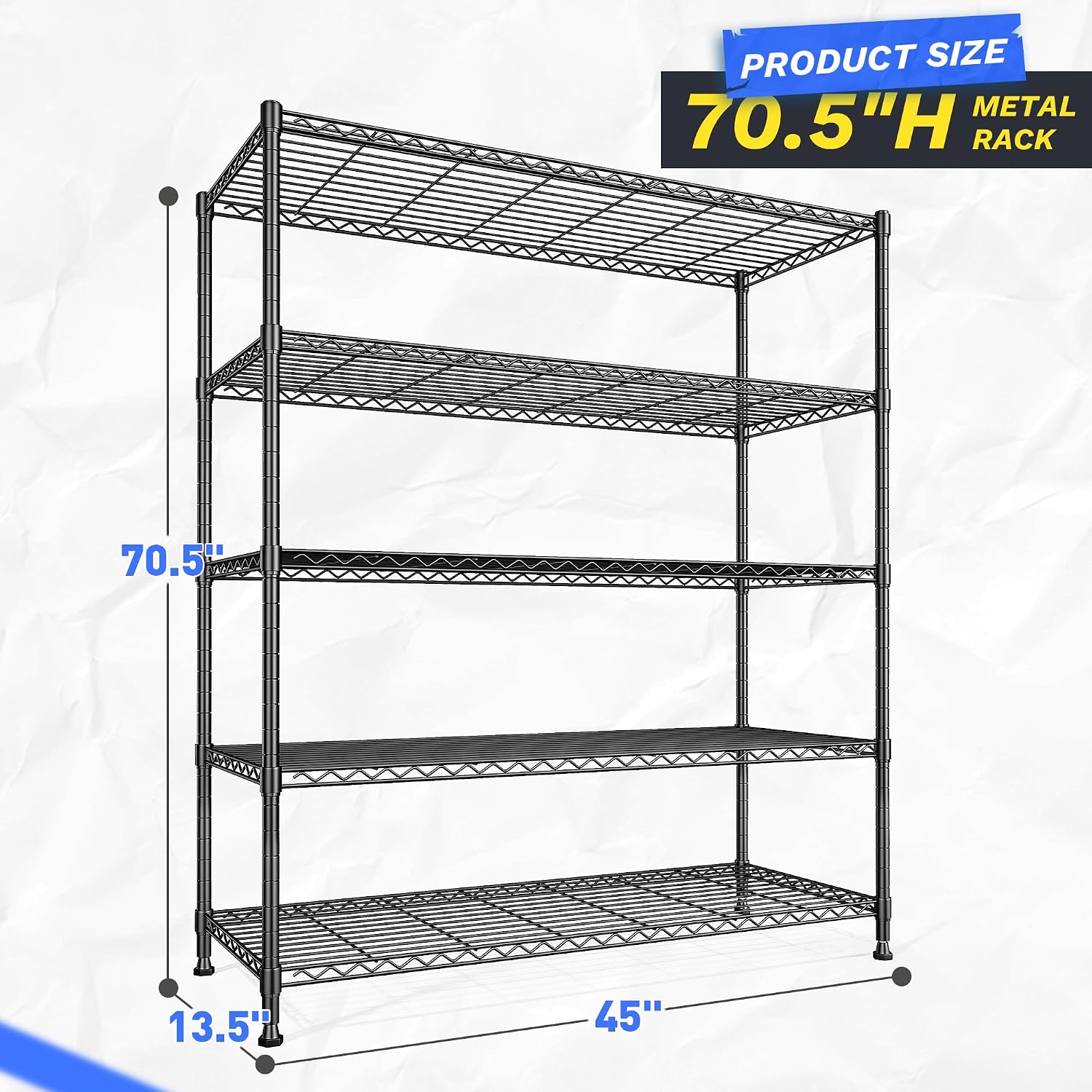 45 "W Storage Shelves 5 Tier Wire Shelving Unit Adjustable Metal Shelving Wire Shelf Pantry Shelves Wire Commercial Rack for Closet Kitchen Pantry Utility Room Garage 45" Wx 13.5" Dx70.5 H Black - Image 3