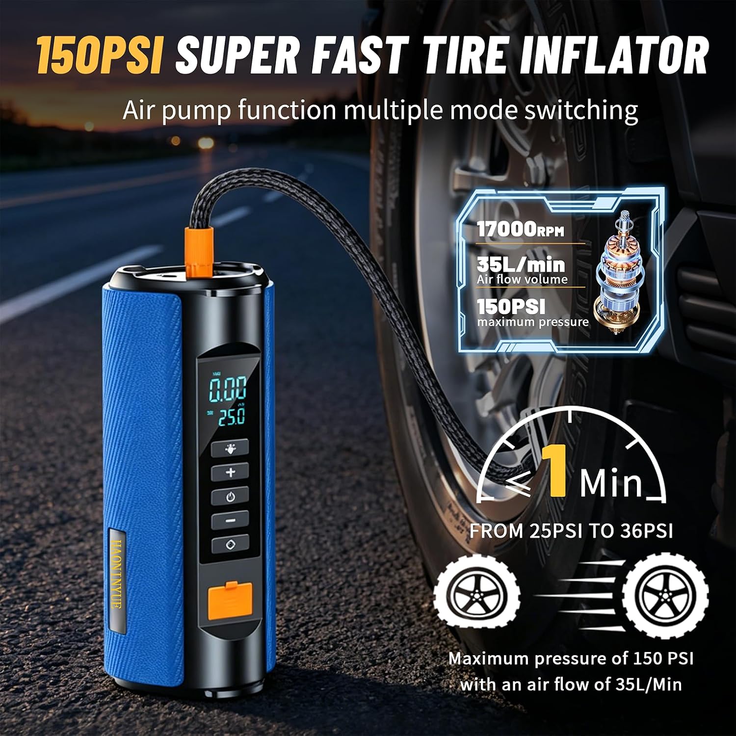 Car Battery Jump Starter with Air Compressor, 2500A Car Jumper Starter Portable150PSI, Battery Jumper Starter Portable Jump Box for Car Battery with 600LM,Jumper Cables, LCD Display - Image 3