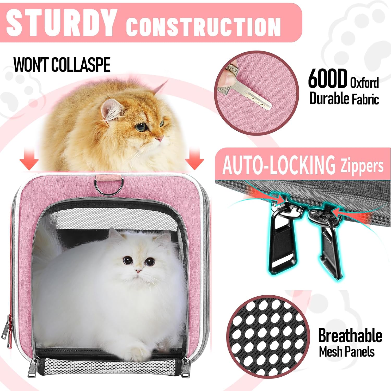 GAPZER Cat Carrier 20lbs Top Open/Soft Sided Small Pet Dog Travel Carrying Crate/Collapsible Puppy Transport Carry Bag/Sturdy Pet Cages Chihuahuas Mini Dog 10lbs Pink - Image 6