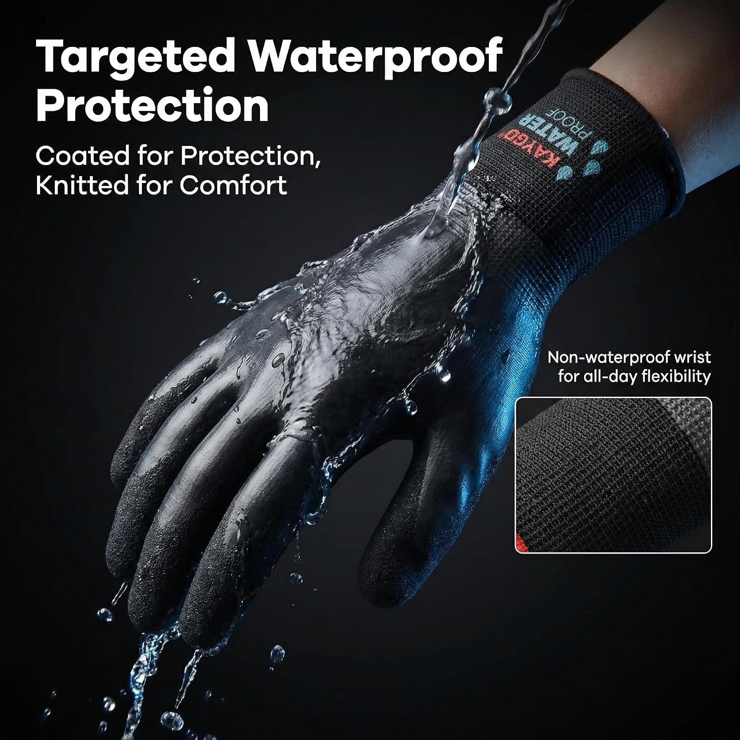 KAYGO Waterproof Work Gloves for Men and Women, Rubber Coated Non-slip Working Gloves for Garden, Outdoor Construction,KG150,Black,L - Image 3