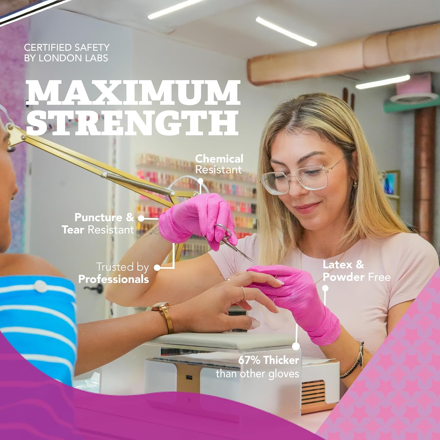 London Labs 4 Mil – Fuchsia Pink Nitrile Gloves – Disposable Latex Free & Powder Free– Chemical Resistant, Pink Rubber Gloves - Image 3