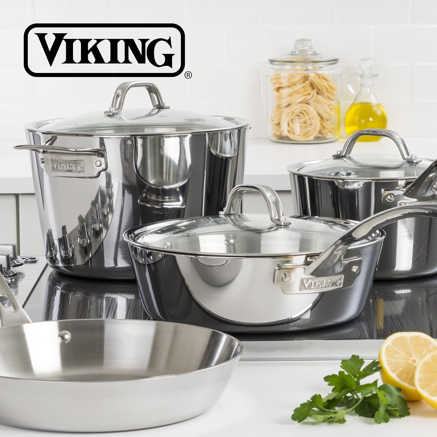 Viking 5-Ply Cookware Set, 5 Piece Stainless Steel Kitchen Pots and Pans, Oven Safe, Induction Ready, Silver - Image 6
