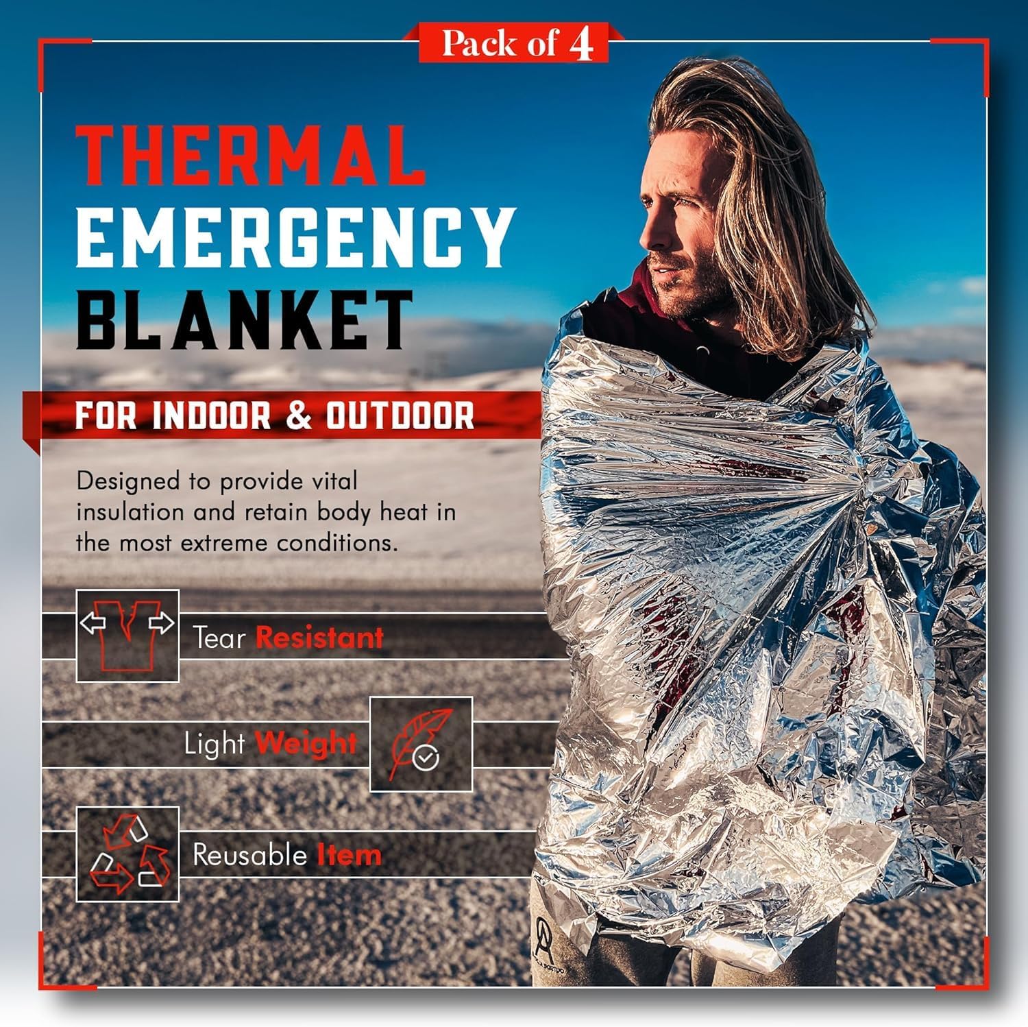 Emergency Blanket 4-Pack Space Mylar Blankets Survival Gear and Supplies Reusable Thermal Camping Hunting Essentials First Aid Car Backpacking Marathon Kit Prepper Go Rave Bug Out Bag Foil Cold Winter - Image 2