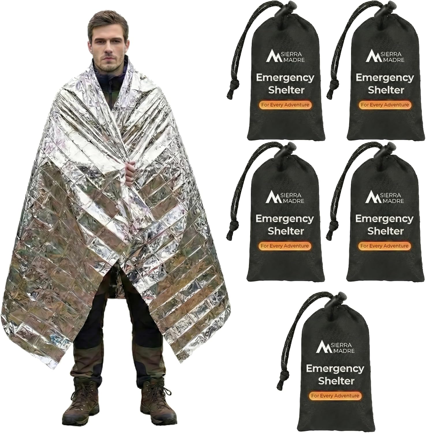 Sierra Madre Emergency Mylar Thermal Space Blanket for Survival – Waterproof Safety Shelter Retains 90% Body Heat – Ultralight & Compact Gear for Camping, First Aid & Prepper Supplies