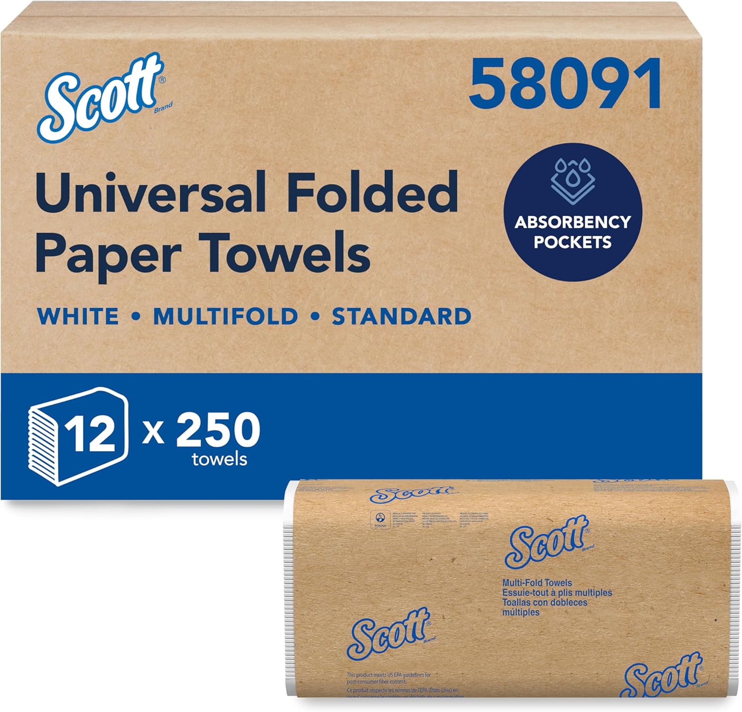 Scott Professional Universal Multifold Paper Towels, Bulk (58091), Absorbency Pockets, White, 9.2"x9.4" Towel, White, Compressed, Compact Case (250 Sheets/Pack, 12 Packs/Case, 3,000 Sheet Total)