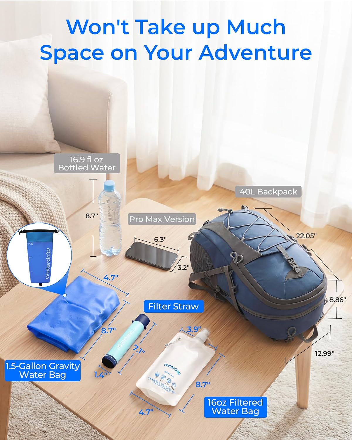 Waterdrop Gravity Water Filter Straw, Camping Water Filtration System, Water Purifier Survival for Travel, Backpacking and Emergency Preparedness, 1.5 gal Bag, 0.1 Micron, Light Blue - Image 7