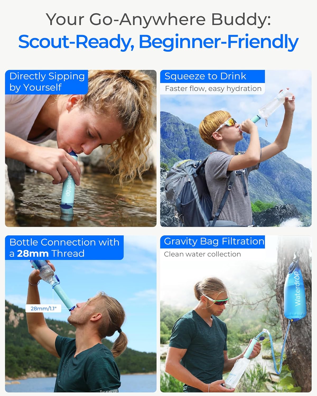 Waterdrop Gravity Water Filter Straw, Camping Water Filtration System, Water Purifier Survival for Travel, Backpacking and Emergency Preparedness, 1.5 gal Bag, 0.1 Micron, Light Blue - Image 4
