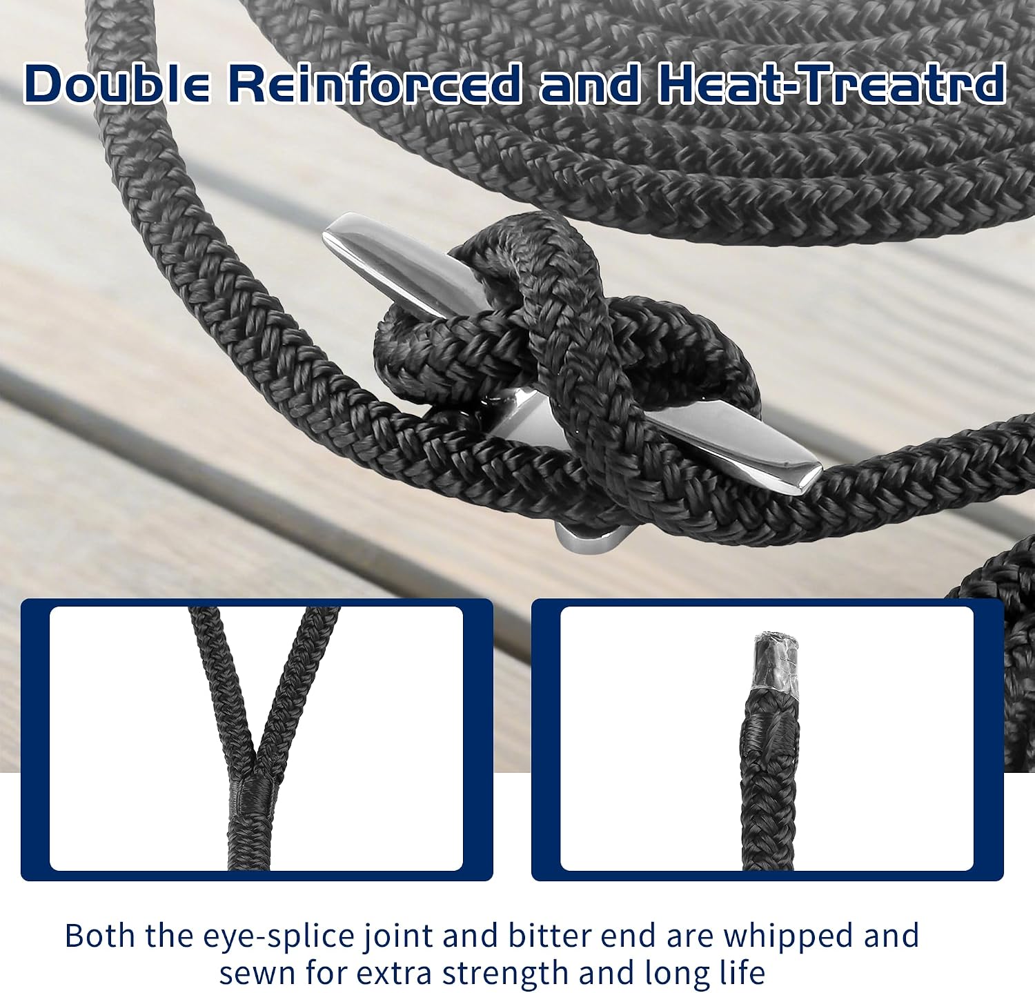 3/8" x 15' Dock Line, Marine Grade Nylon Boat Rope with 12" Loop for Mooring and Docking, Premium Double Braided Abrasion Resistant Soft Handling Boat Accessories, Black 4Pack - Image 5