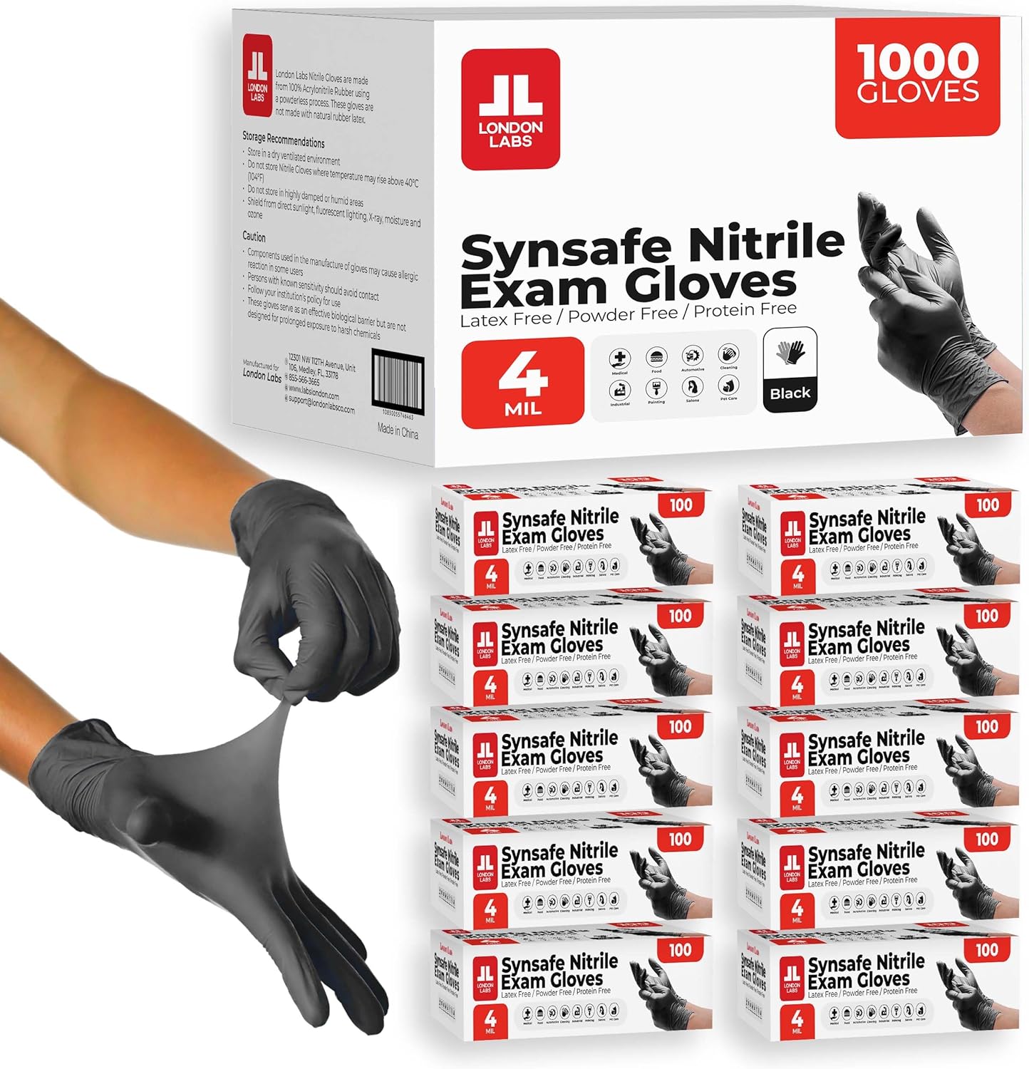 London Labs Synsafe 4 Mil -Black Nitrile Exam Gloves –Disposable Latex Free & Powder Free – Extra Strong, Rubber Gloves – First Aid Kit, Medical, EMT, Cleaning, Cooking | Bulk Case of (1000 ct)