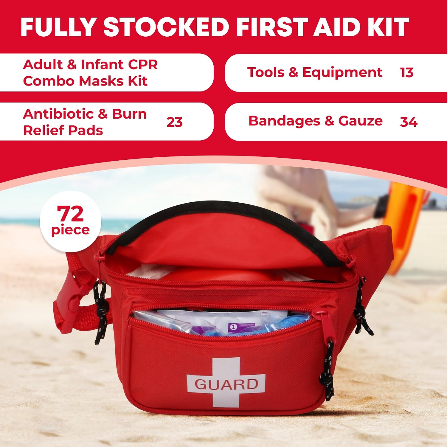 Ever Ready First Aid, Fanny Pack/Hip Pack, Fully Stocked First Aid Kit with Adult & Infant CPR Combo Masks (72 Piece Set) - Image 6