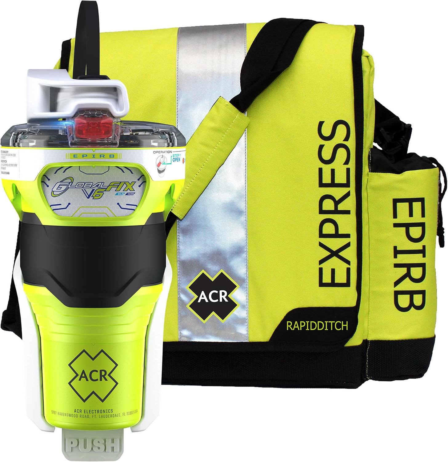 ACR GlobalFix V6 EPIRB with RapidDitch Express Bag - 2343.1: Reliable Emergency Beacon with Quick-Release Bag for Fast Deployment in Critical situations.