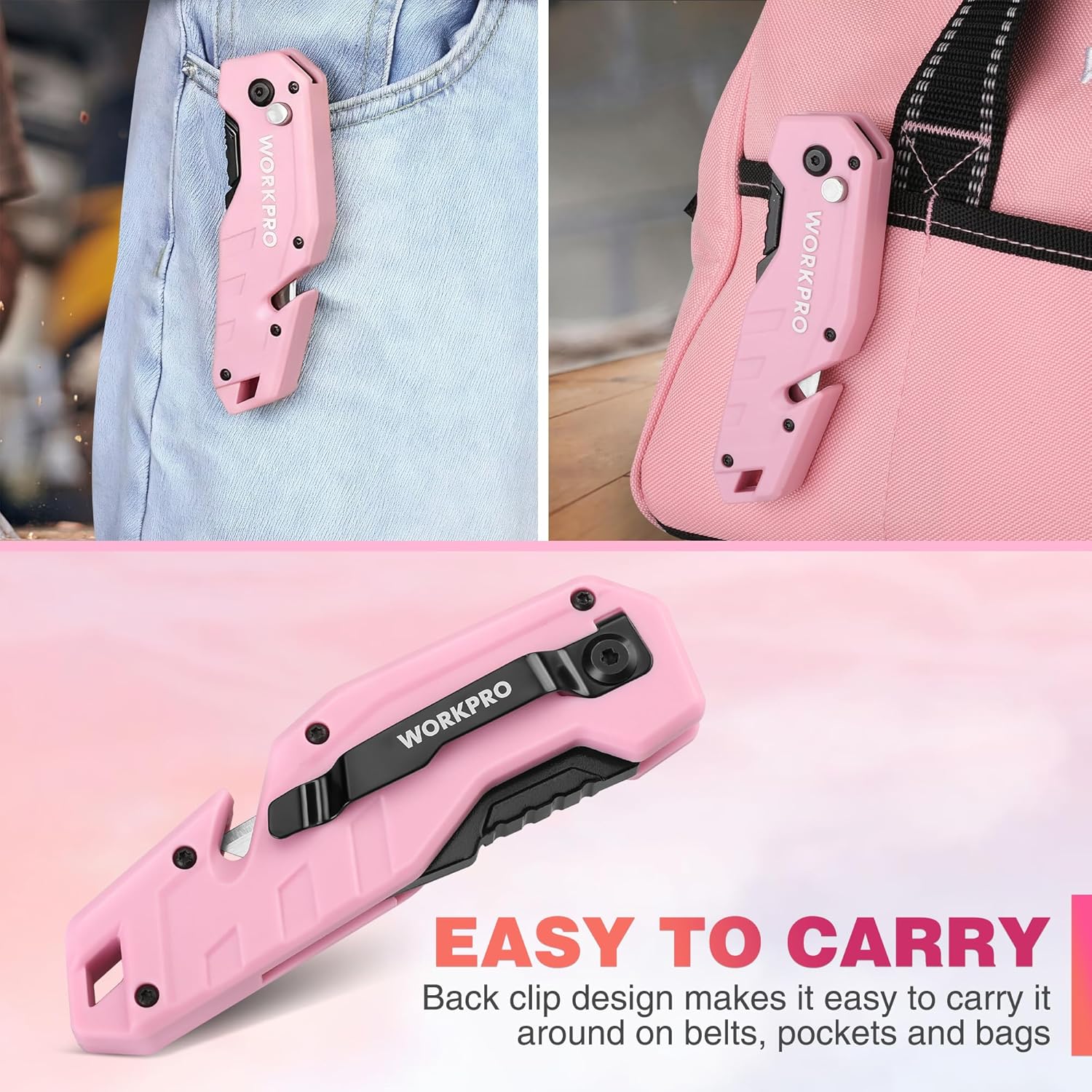 WORKPRO Folding Utility Knife, Quick Change Box Cutter, Pink Razor Knife for Cartons, Cardboard, Boxes, 10 Extra Blades Included - Pink Ribbon - Image 9