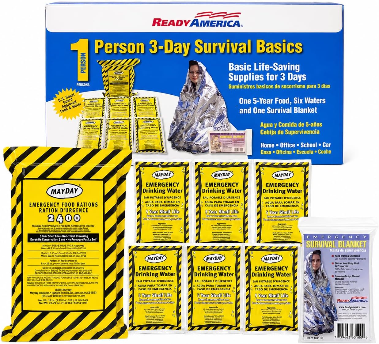 Ready America The Survival Box, 1-Person, 3-Day Emergency Kit Includes 5 Year Emergency Food, Water, Emergency Blanket Portable Disaster Preparedness Go-Bag for Earthquake, Fire, Flood, Hurricane