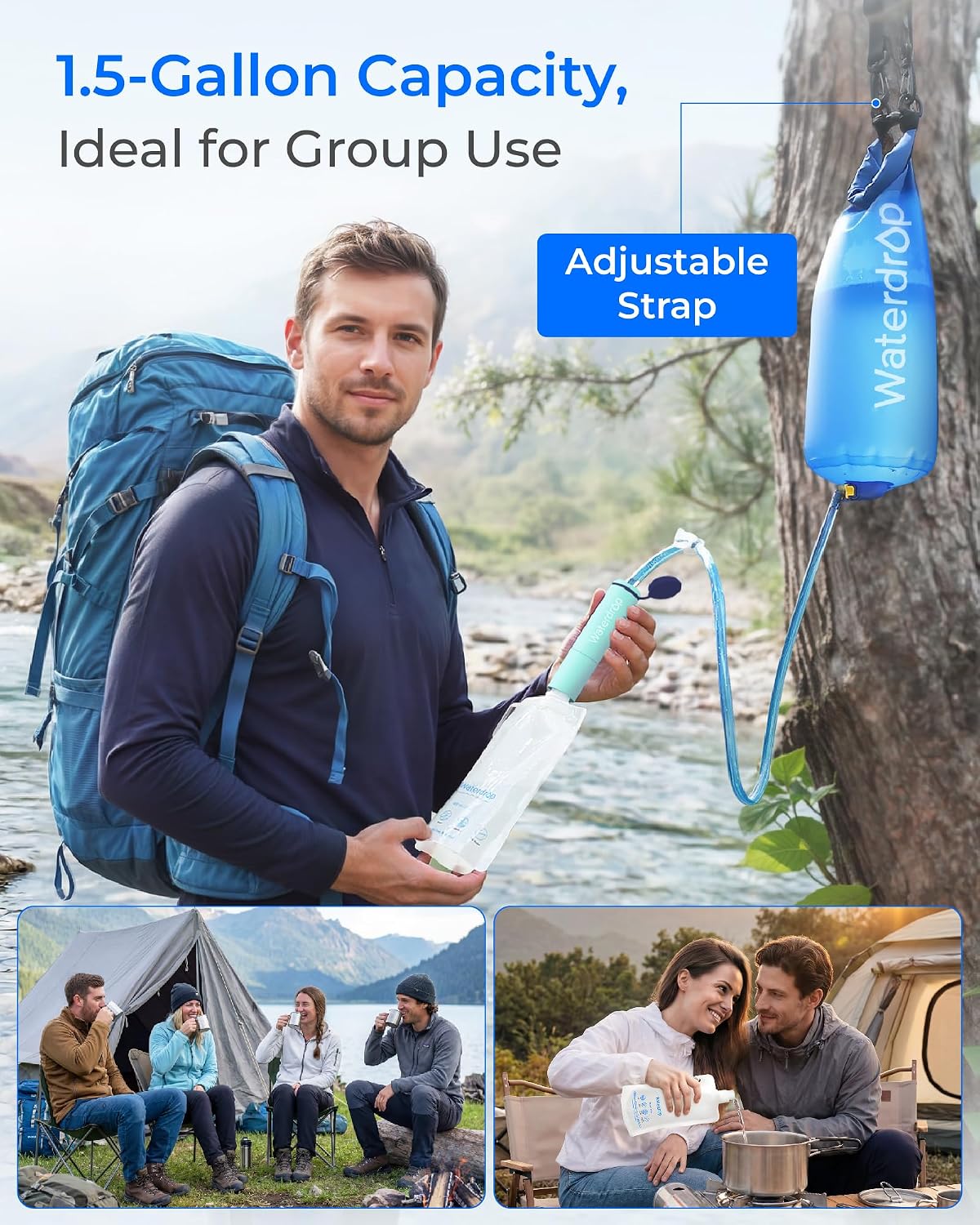 Waterdrop Gravity Water Filter Straw, Camping Water Filtration System, Water Purifier Survival for Travel, Backpacking and Emergency Preparedness, 1.5 gal Bag, 0.1 Micron, Light Blue - Image 8