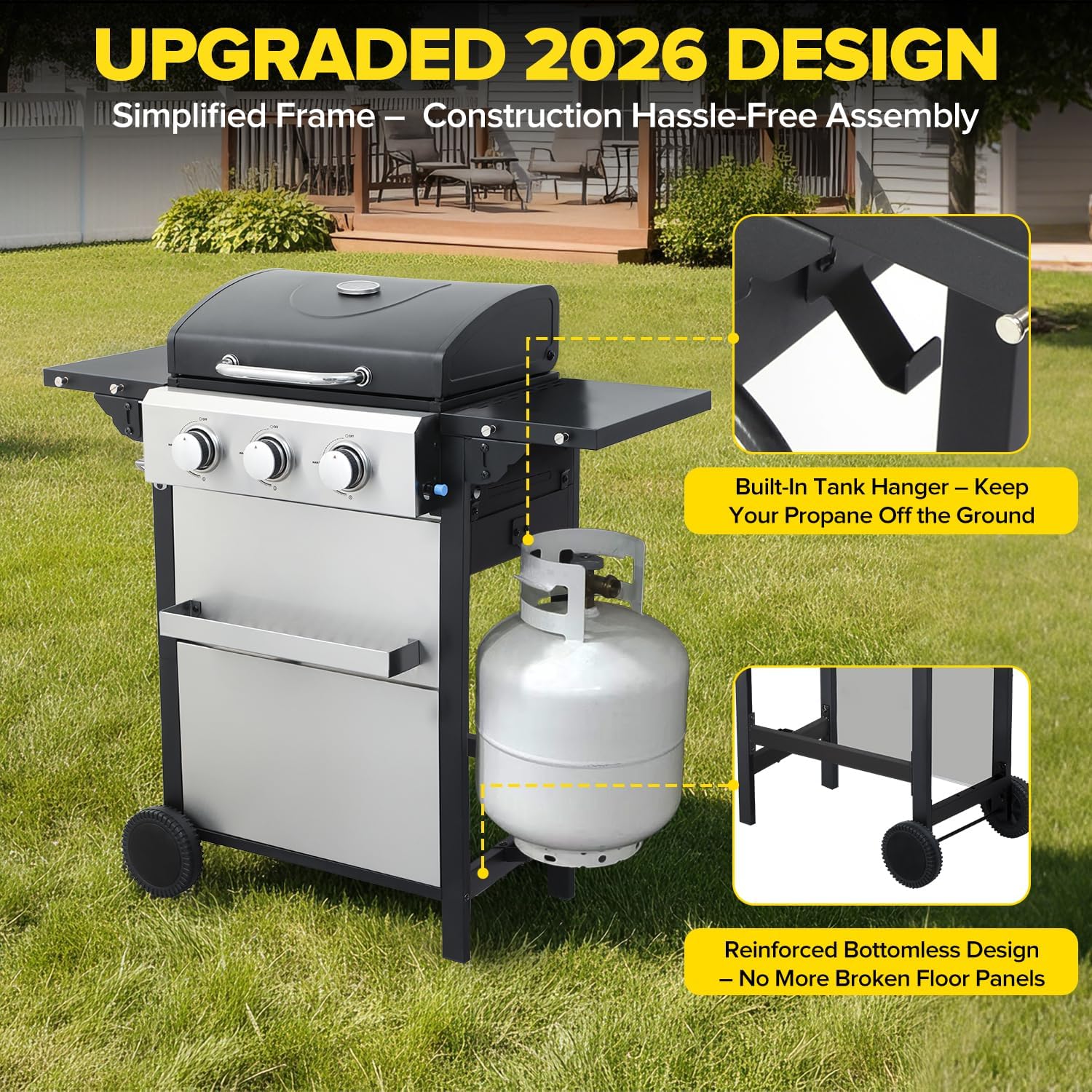 3 Burner Propane Gas Grill, 30,000 BTU Stainless Steel Outdoor BBQ Grill with 322 Sq. In. Cooking Area & 2 Foldable Side Shelves, Patio Cookout Essentials for Backyard - Image 7