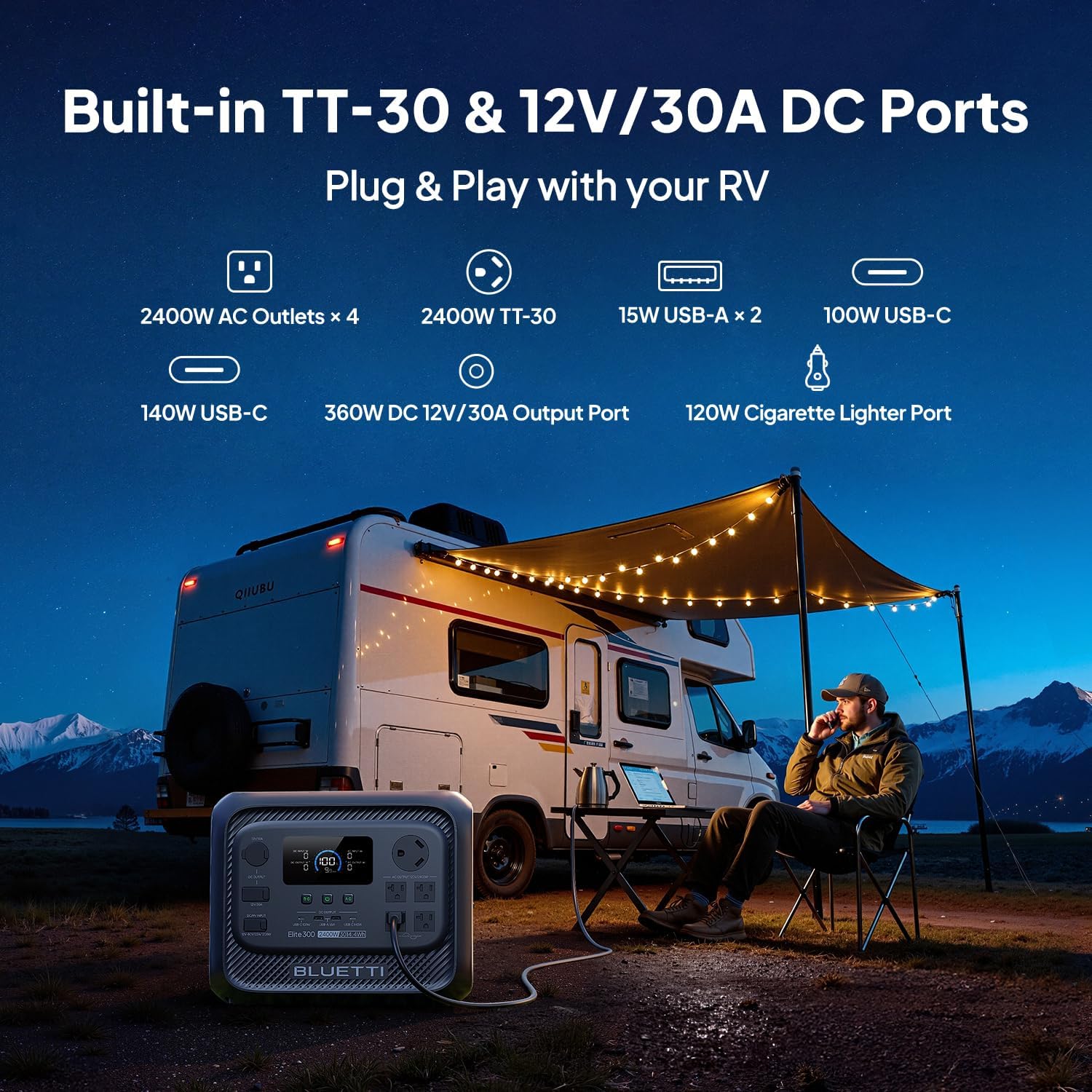 BLUETTI Elite 300 Portable Power Station, 3014Wh LiFePO4 Battery Backup for Home Power Outage, 2400W Solar Generator (4800W Surge), 3kWh Compact Home Backup & RV Power with TT-30 RV Port & 12V/30A DC - Image 3