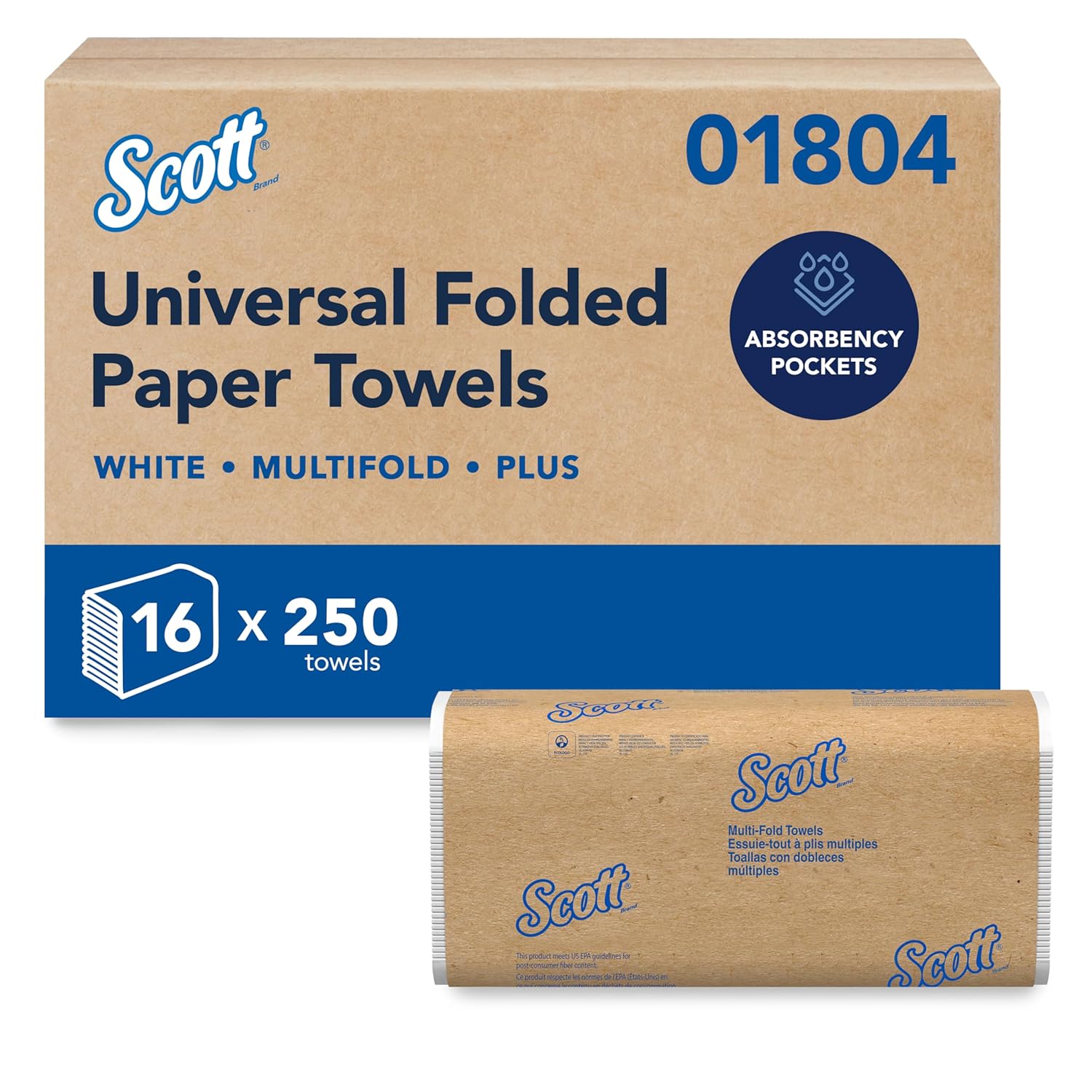 Scott® Professional Universal Multifold Paper Towels, Bulk (01804), Absorbency Pockets, 9.2" x 9.4" sheets, Plus Tier, Compressed, White (250 Sheets/Pack, 16 Packs/Case, 4,000 Sheets/Case)