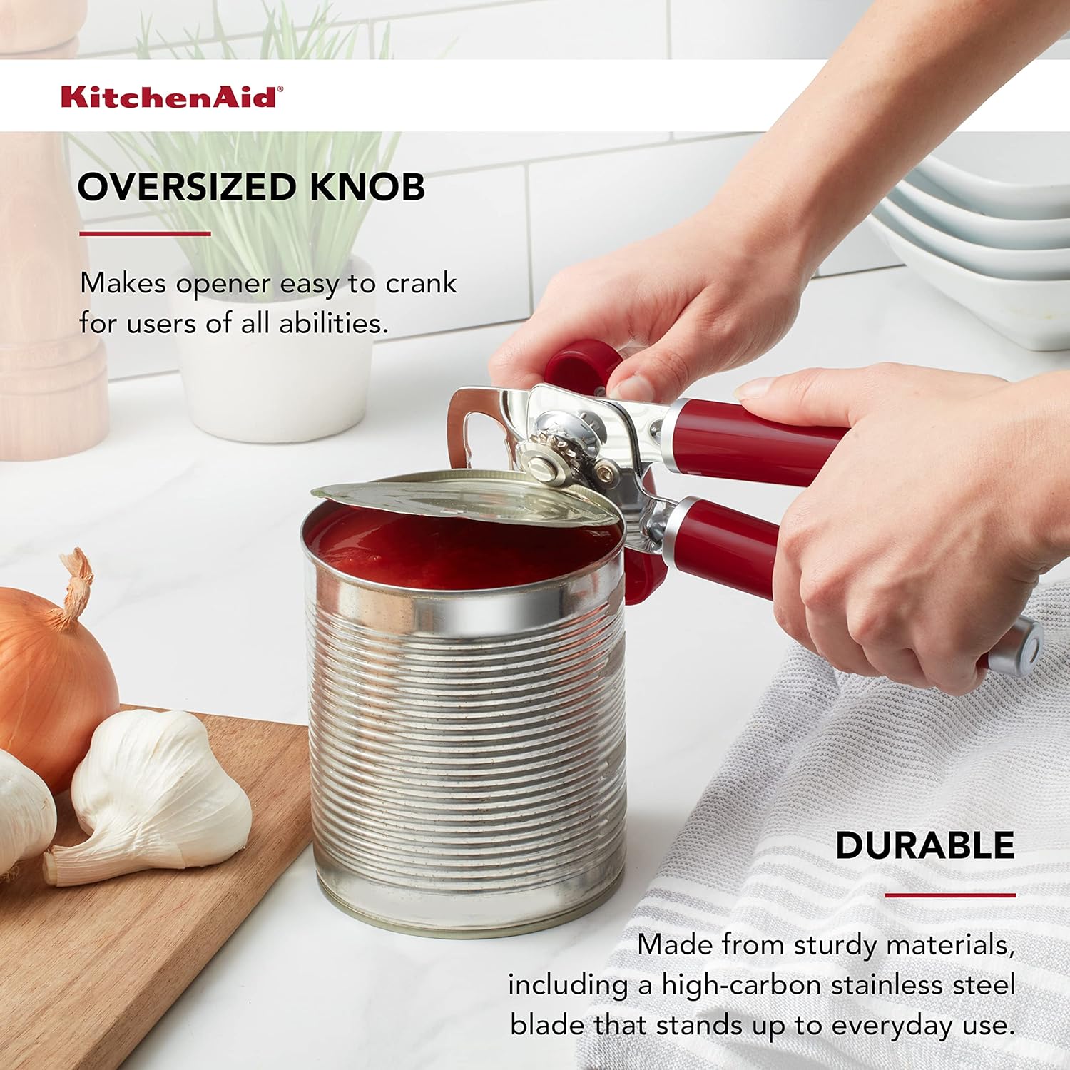 KitchenAid Classic Multifunction Can Opener and Bottle Opener Easy to Use, Razor Sharp Stainless Steel Cutting Wheel, Soft Ergonomic Handles, Empire Red - Image 4
