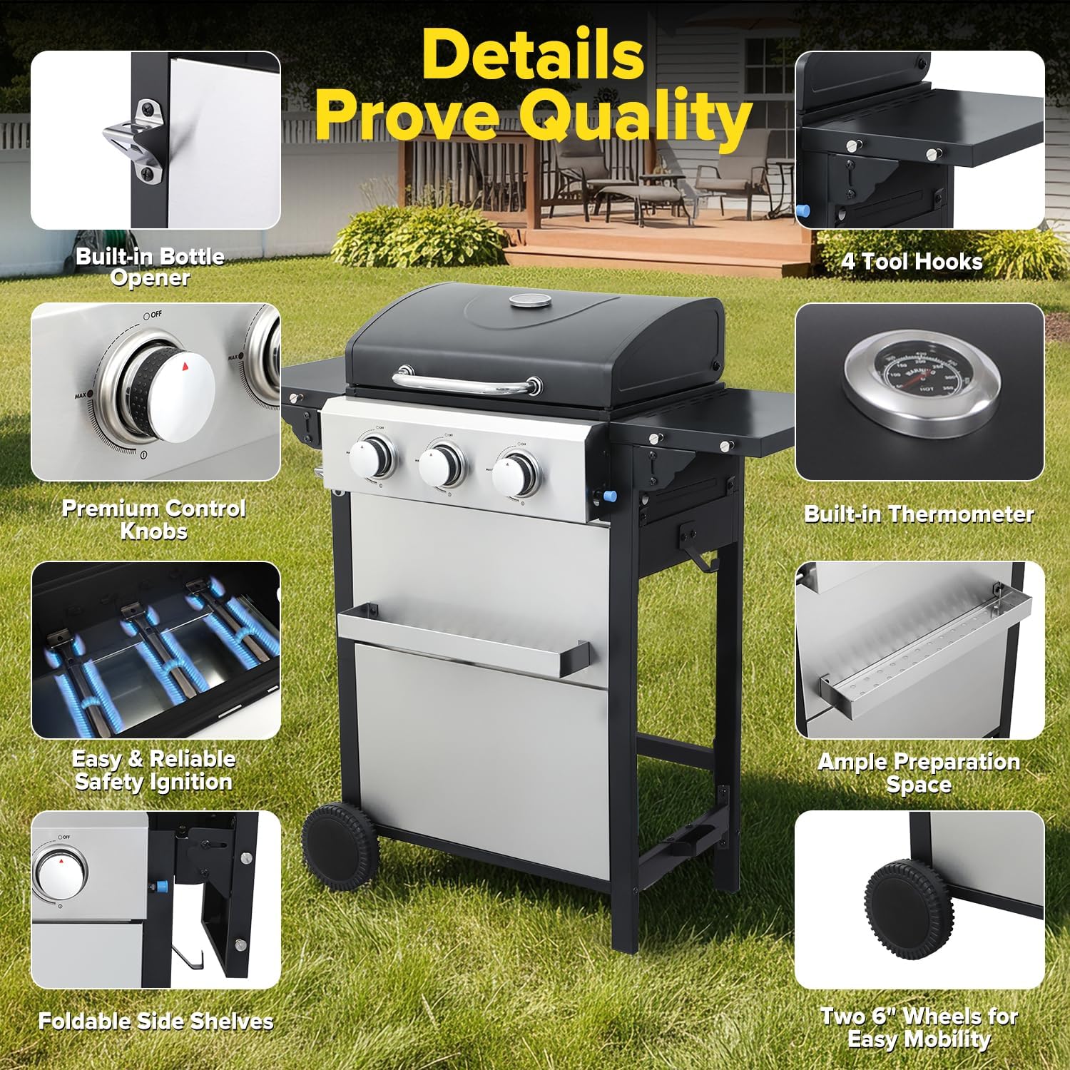 3 Burner Propane Gas Grill, 30,000 BTU Stainless Steel Outdoor BBQ Grill with 322 Sq. In. Cooking Area & 2 Foldable Side Shelves, Patio Cookout Essentials for Backyard - Image 8