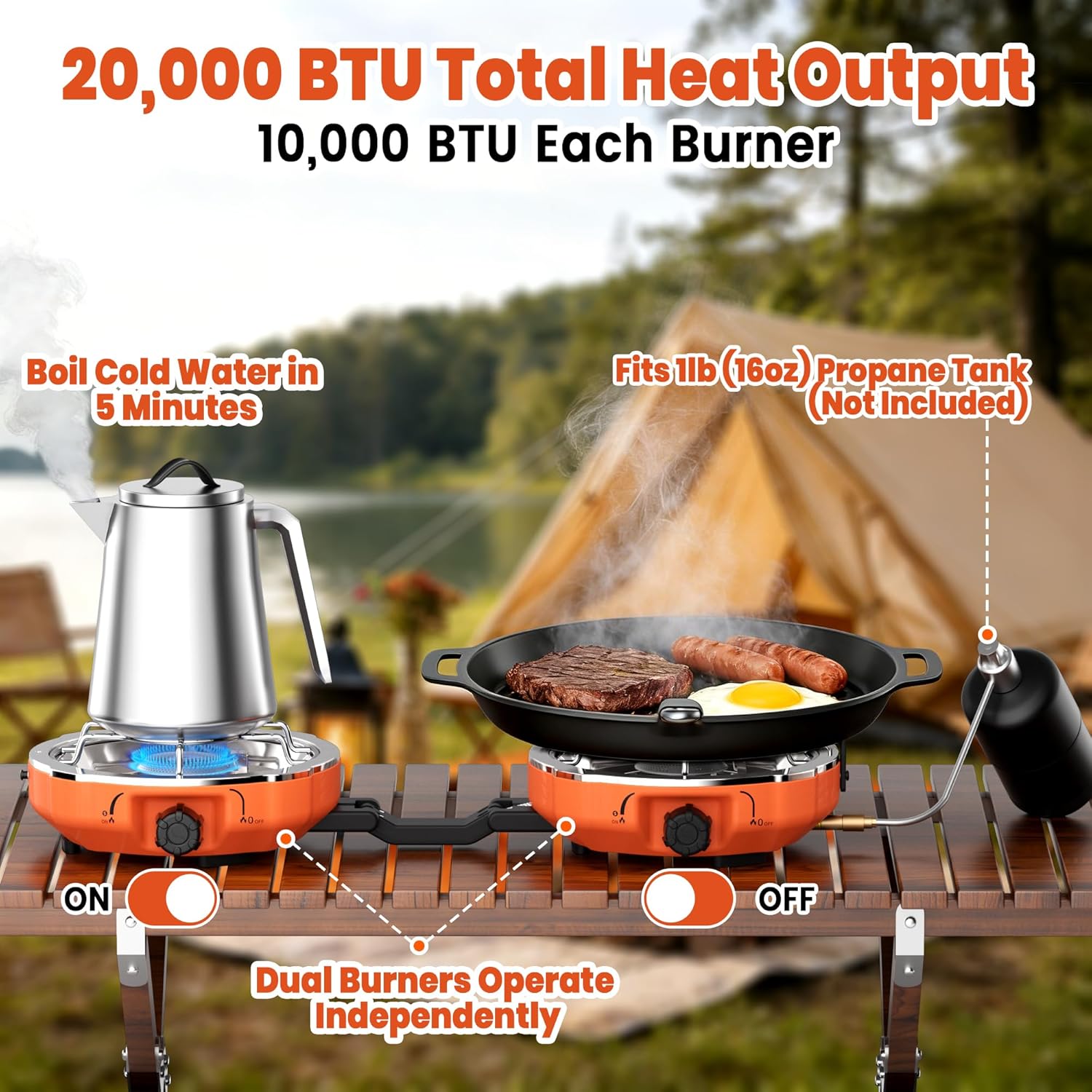 Cofiyard 20,000 BTUs 2 Burner Propane Camping Stove, Portable Folding Camp Stove with Adjustable Burners, Regulator and Carrying Bag, Dual Gas Stoves Easy Carrying Handle for Tailgating, Camping, BBQ - Image 4