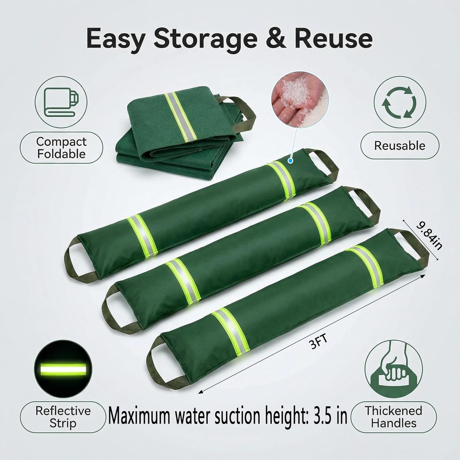 3FT Water Barriers for Flooding 3-Pack, Flood Barrier for Home Reusable Sandless SandBags for Flooding with Handles and Reflective Strips, Water Dam for Door, Garage, Basement, Outside and Other - Image 2
