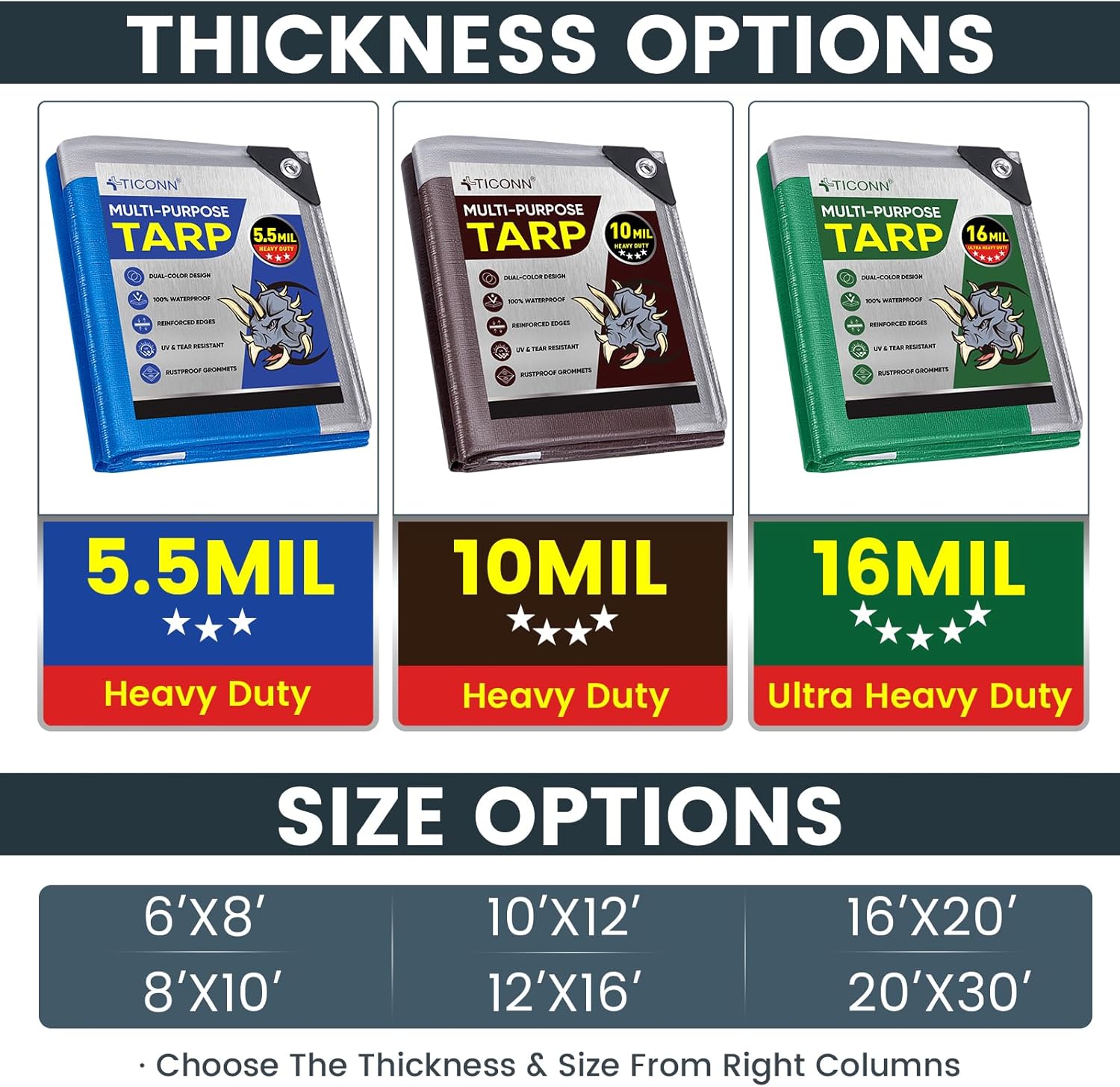 TICONN Heavy Duty Tarp Cover, Extra Thick Tarps Waterproof Tear and Rip Proof UV Resistant Tarpaulin with Reinforced Grommets and Edges (5.5 Mil, 6'x8') - Image 4