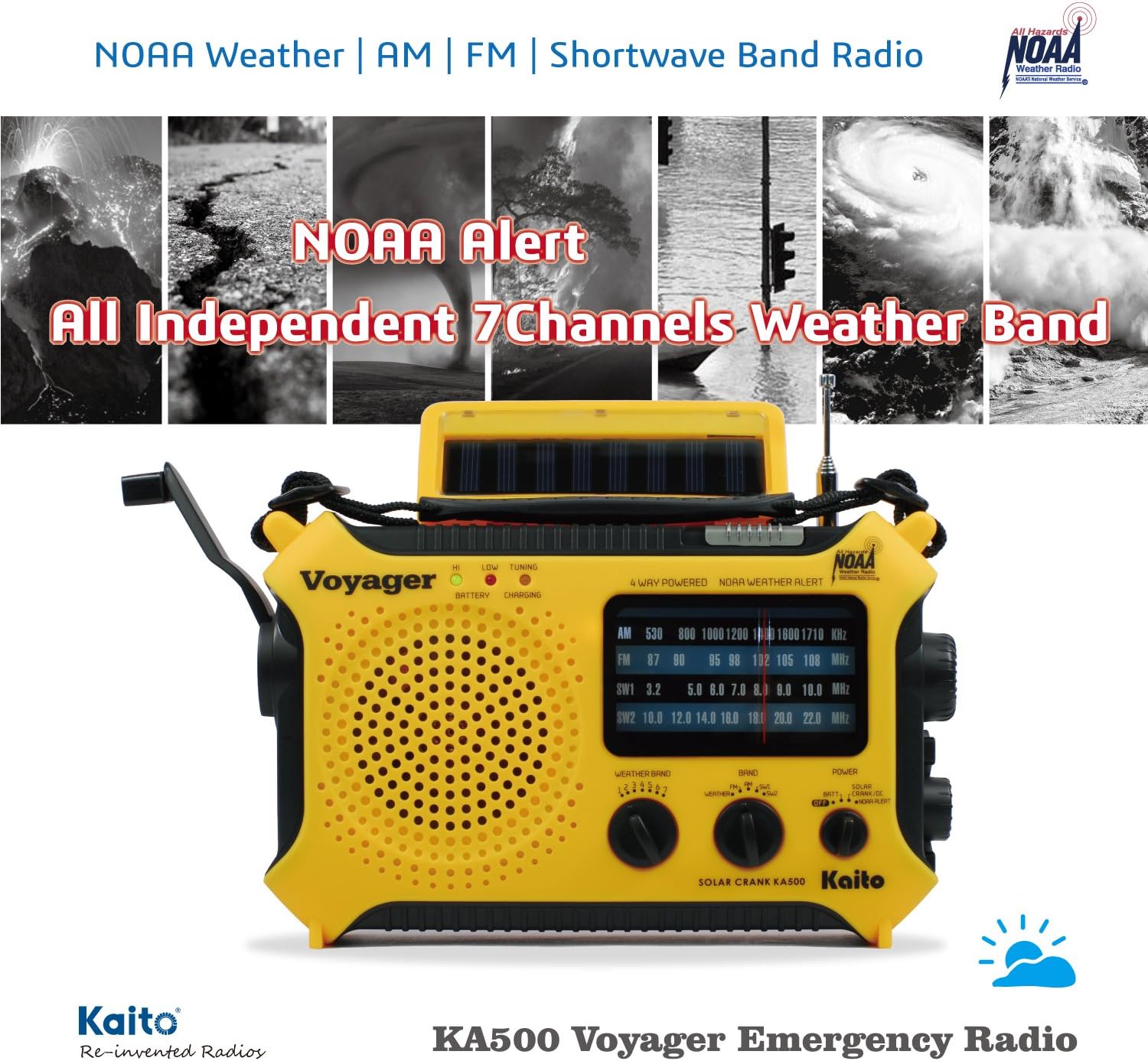 Kaito KA500 5-way Powered Solar Power,Dynamo Crank, Wind Up Emergency AM/FM/SW/NOAA Weather Alert Radio with Flashlight,Reading Lamp and Cellphone Charger, Yellow - Image 4