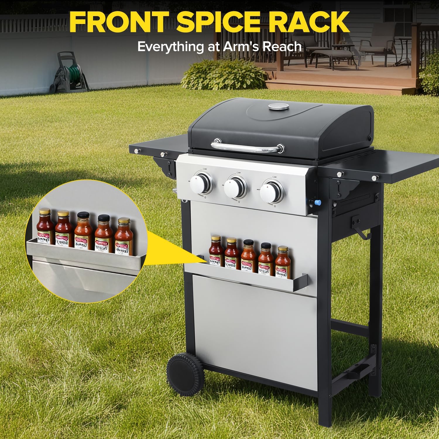 3 Burner Propane Gas Grill, 30,000 BTU Stainless Steel Outdoor BBQ Grill with 322 Sq. In. Cooking Area & 2 Foldable Side Shelves, Patio Cookout Essentials for Backyard - Image 2