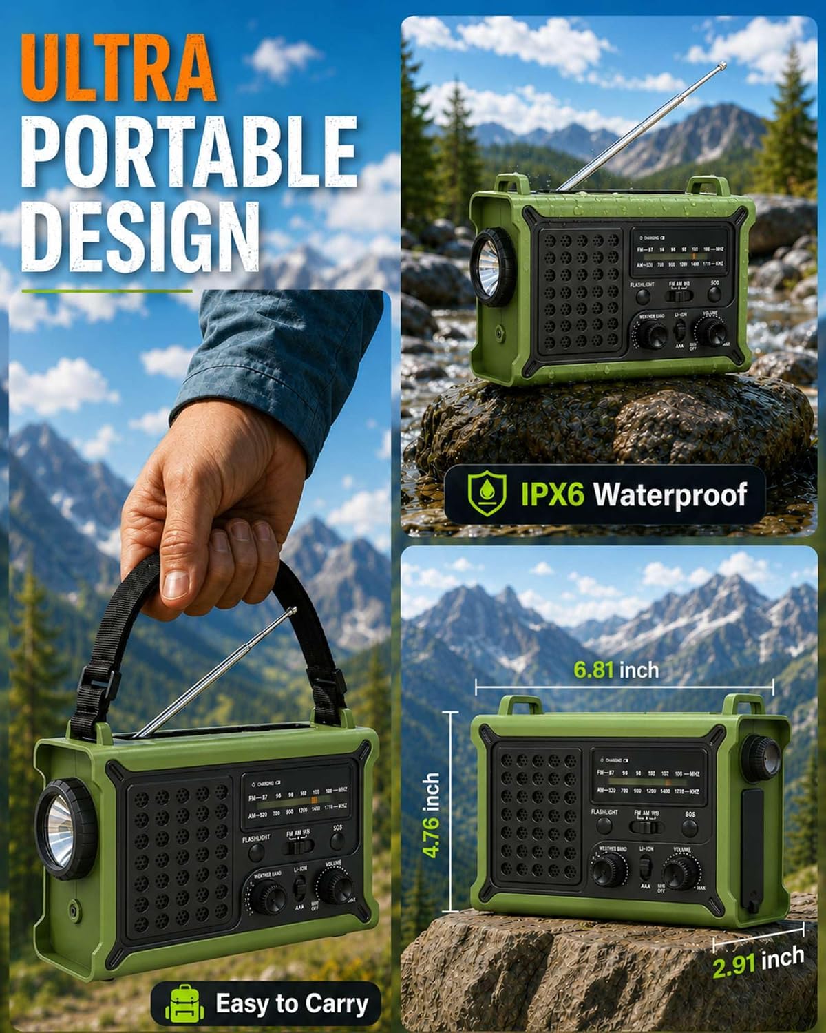 Emergency Weather Radio for Power Outages & Hurricanes, 12000mAh Hand Crank Solar Radio with 8500mm² Solar Panel, NOAA AM/FM Alerts, 5W Flashlight & SOS, Army Green for Camping, RV, Hiking & Survival - Image 8