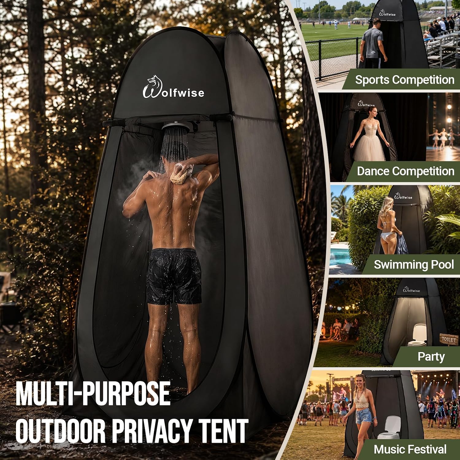 Wolfwise Pop Up Shower Tent for Camping Essentials, Portable Instant Changing Tent with Ventilation Window & Carry Bag, Privacy Dressing Room Bathroom Toilet for Beach & Outdoor, Standard, Black - Image 7