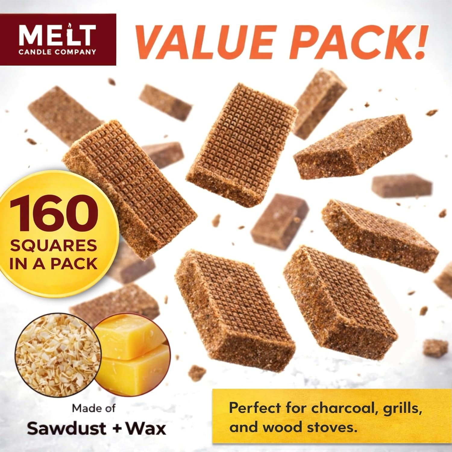 Fire Starter Squares, 160 pcs - Charcoal Fire Starters for Campfires, Grill, Outdoor Pit, Fireplace, Wood Stove, BBQ - Firestarter Sticks, Water Resistant & Odorless - Camping Accessories Essentials - Image 2