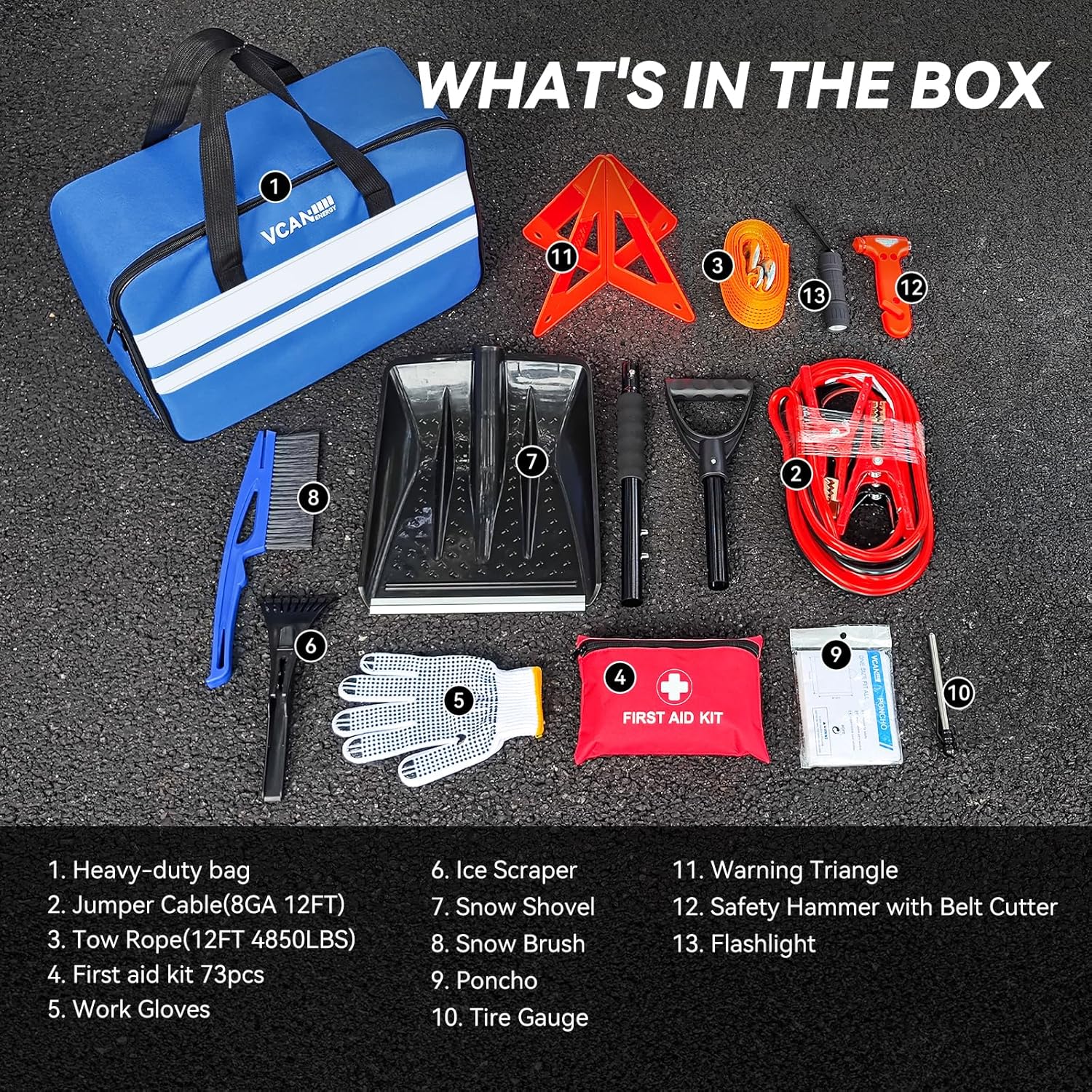 VCANENERGY Car Emergency Kit with Jumper Cable, First Aid Kit, Winter Travel Assistance with Detachable Snow Shovel, Safety Emergency Kit for Cars, Trucks - Image 2