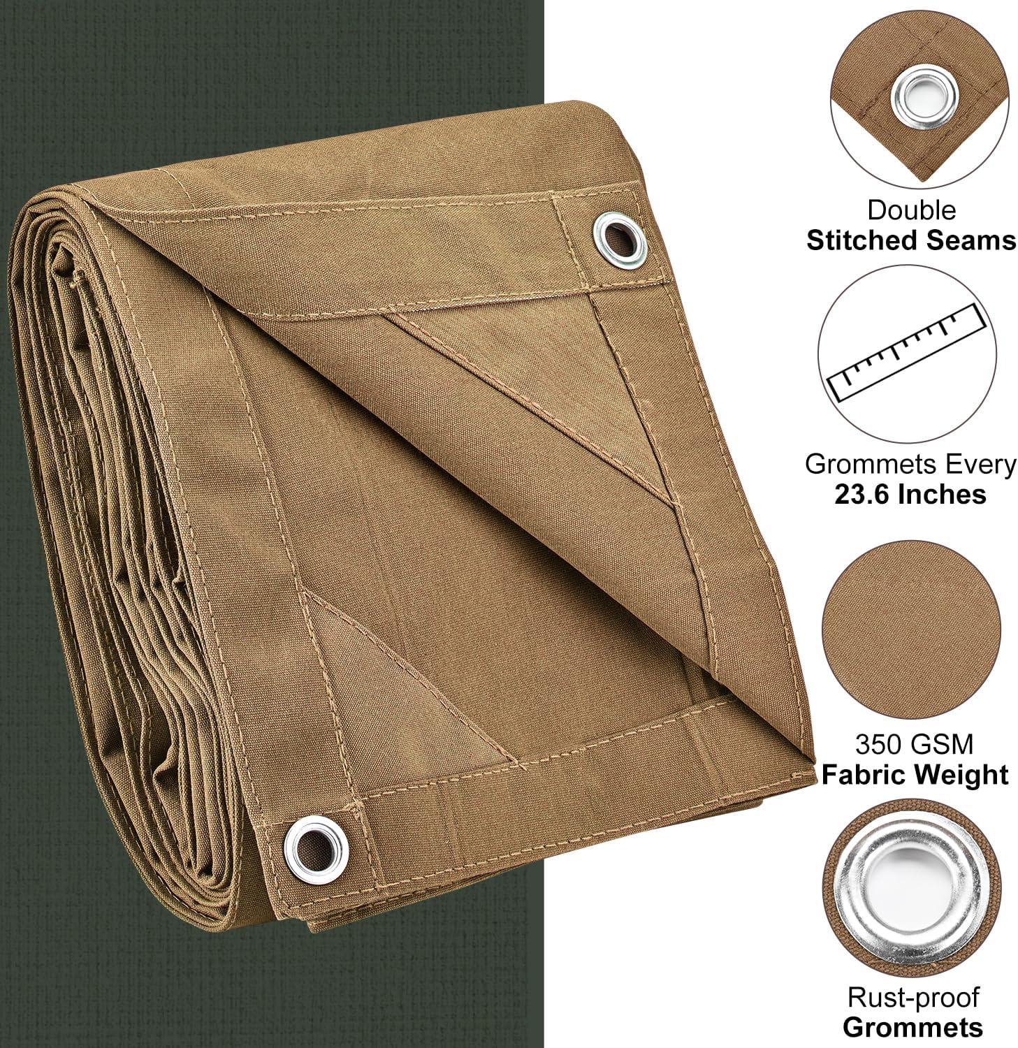 Canvas Tarp 10x12 Feet, 12 Oz Heavy Duty Water Resistant with Rustproof Grommets, UV Resistant, Multipurpose Outdoor Tarpaulin for Camping, Canopy, Woodpile, Trailer (Tan) - Image 2