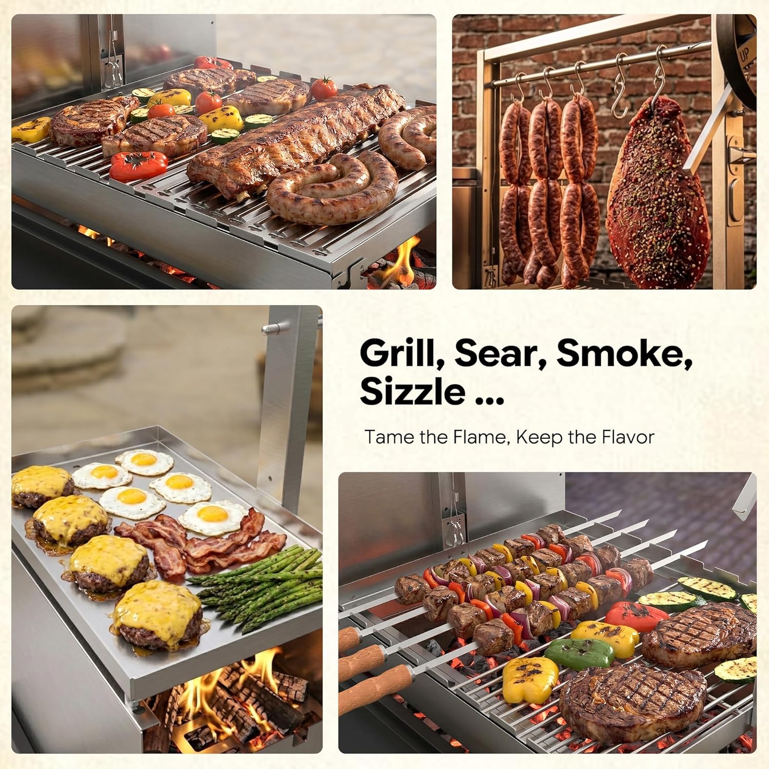 Brand-Man Santa Maria Grill Argentine with Brasero, Wood & Charcoal Parrilla Grilling Station BBQ, Height Adjustable V-Grate & Griddle, Authentic Asado Grill Cooking with Fire Brick, Skewers & S-Hooks - Image 4