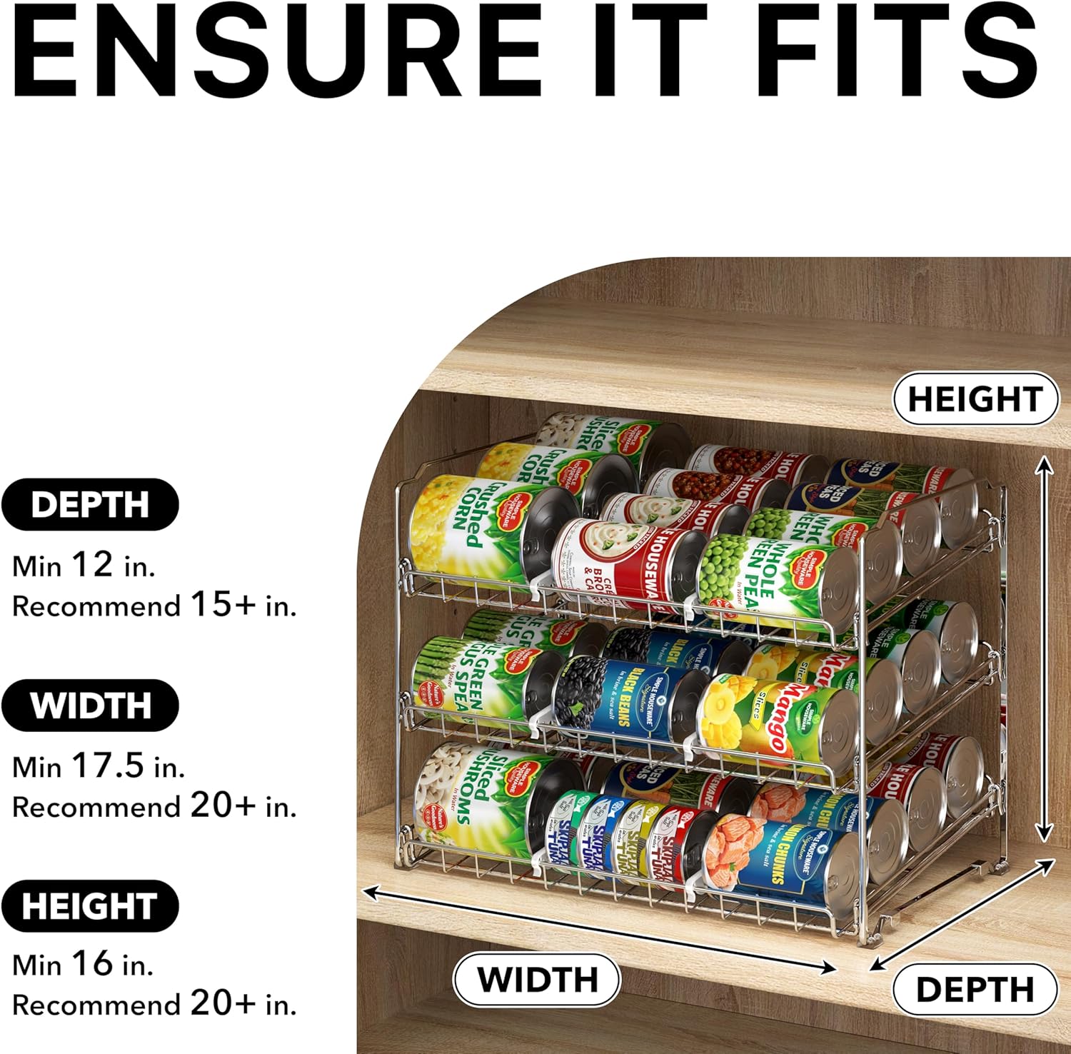 Simple Houseware Stackable Can Organizer Rack for Pantry/Cabinet – 11.5" D x 17" W x 13.75" H, Holds 36 Cans, 3-Tier Can Food Storage Dispenser, Chrome - Image 4
