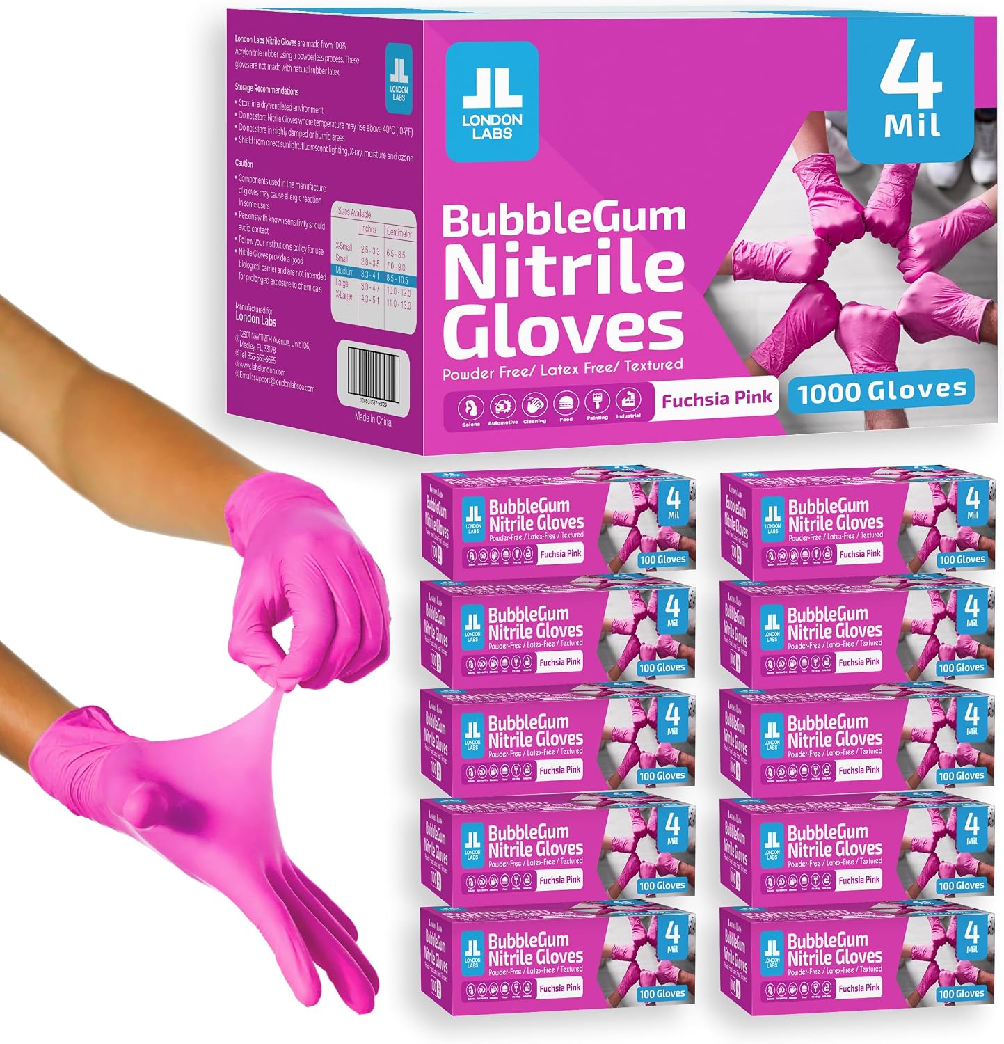 London Labs 4 Mil – Fuchsia Pink Nitrile Gloves – Disposable Latex Free & Powder Free– Chemical Resistant, Pink Rubber Gloves